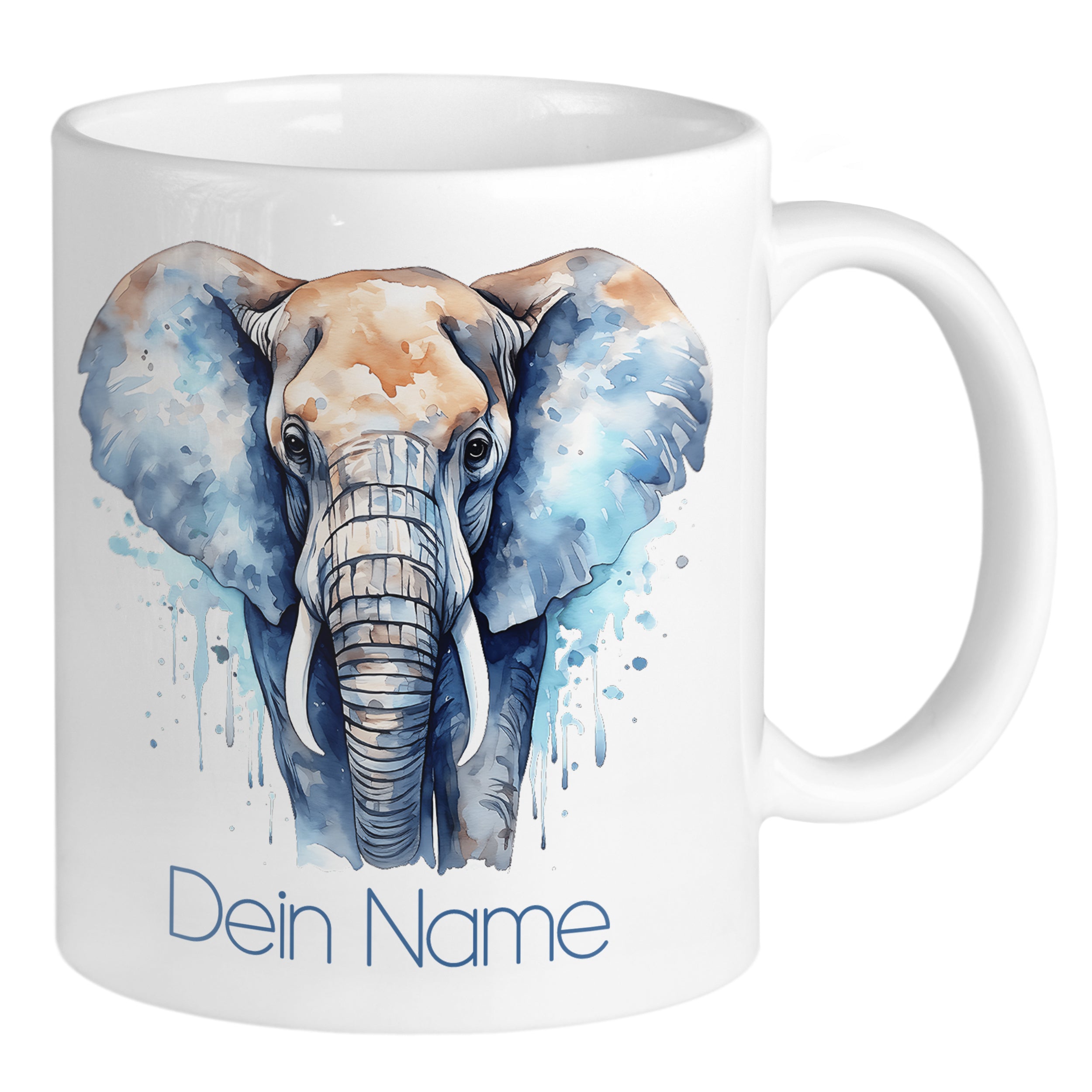 Elefanten-Tasse mit blauem Aquarelldesign und personalisiertem Namen.