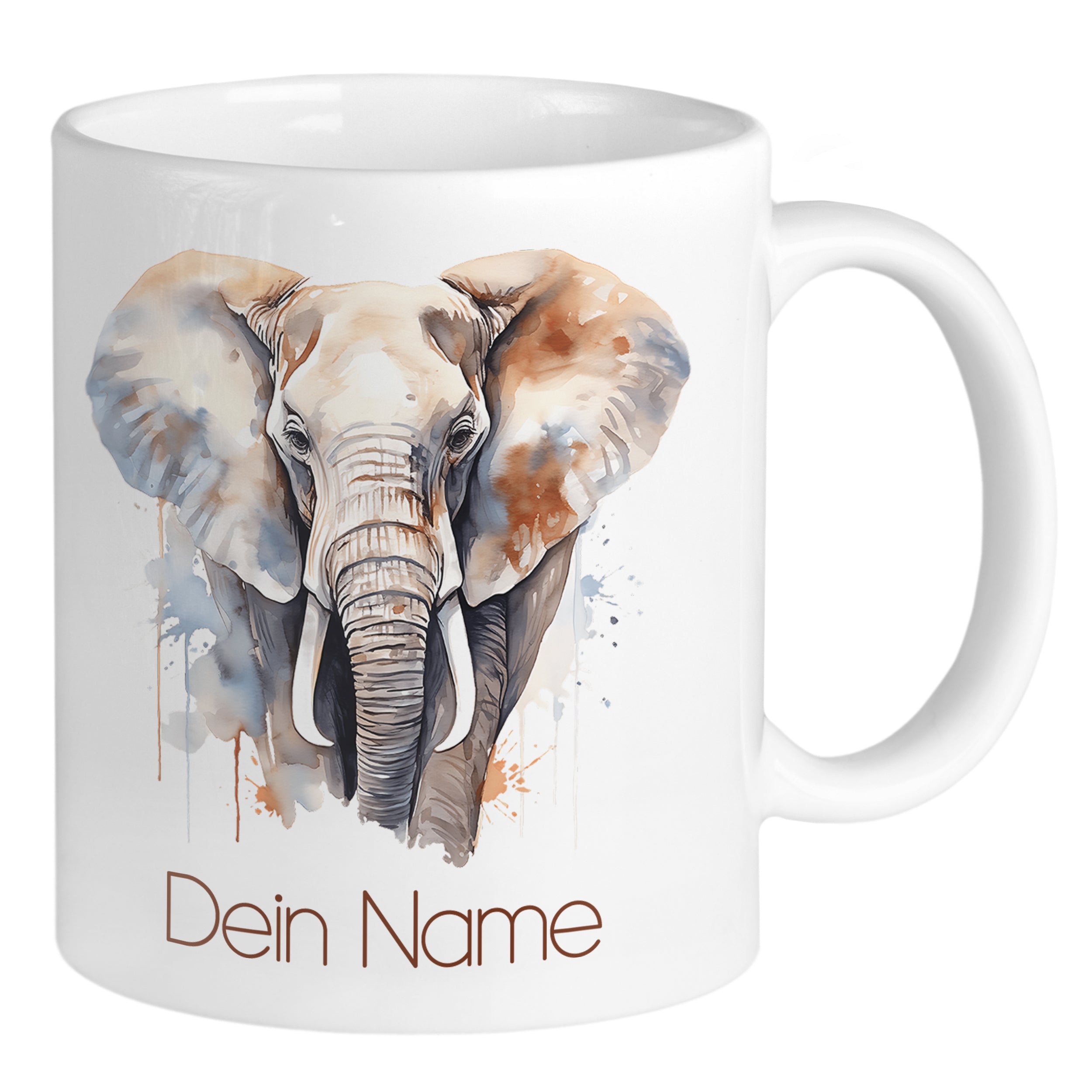 Weißer Kaffeebecher mit Elefantenmotiv und personalisierbarem Text.