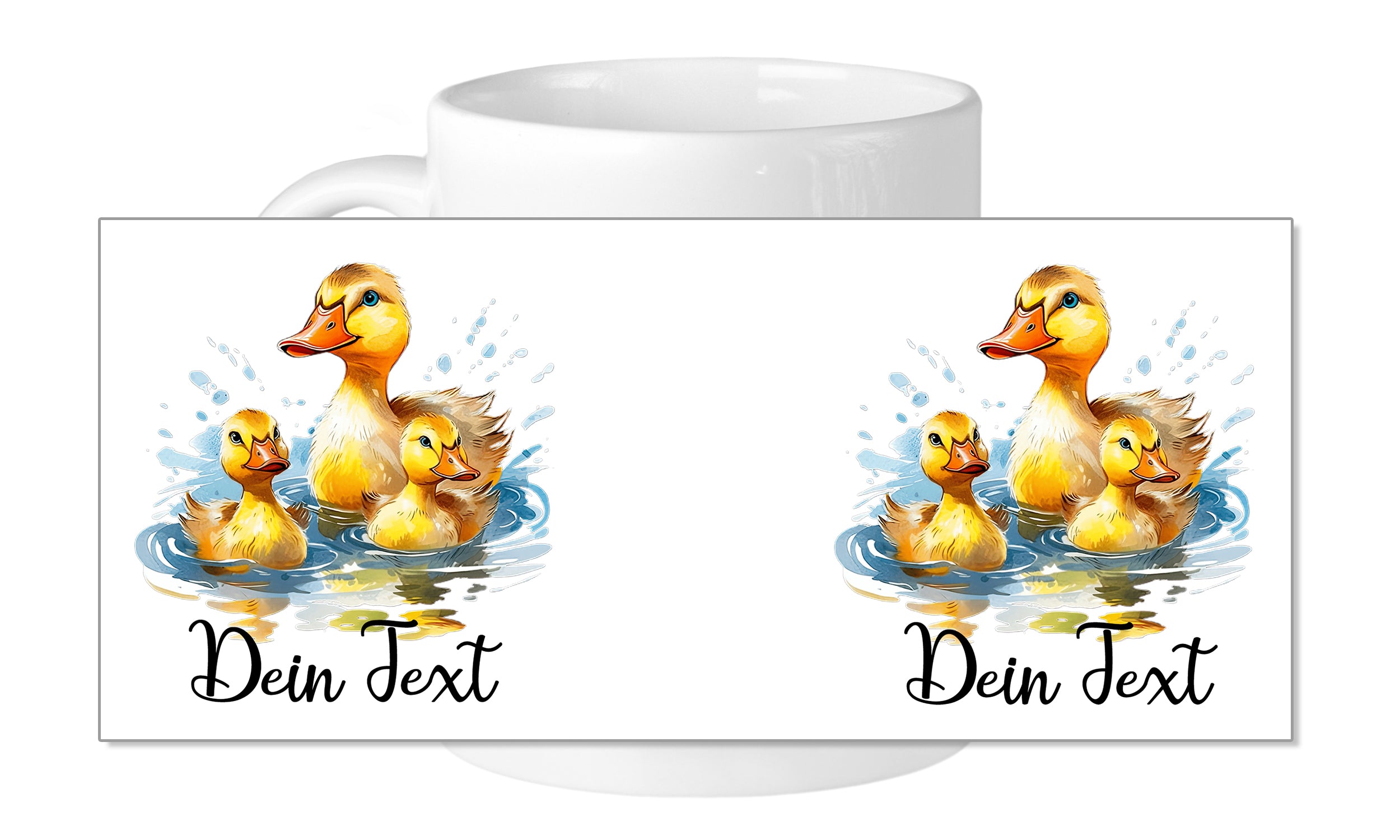 Tasse mit Enten-Motiv und personalisiertem Text.