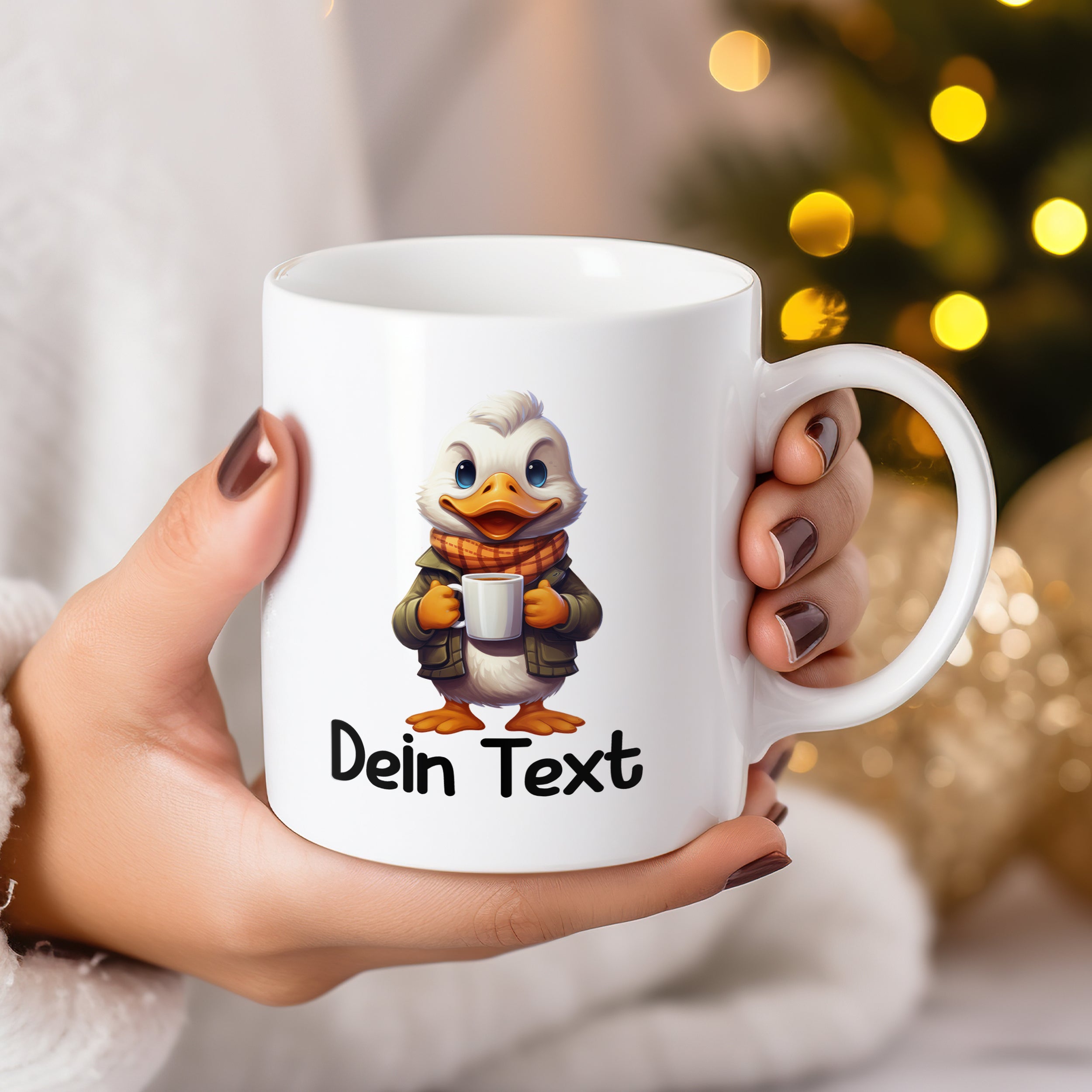 Weißer Kaffeebecher mit lustiger Ente und Text.
