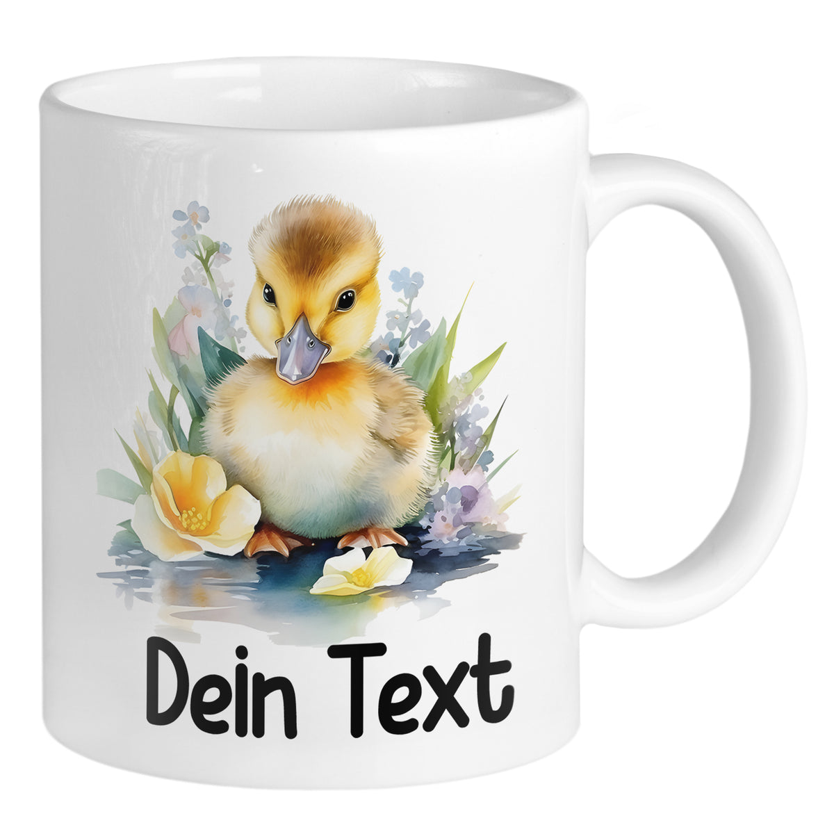Kaffeetasse mit Entenküken und bunten Blumenmotiven.