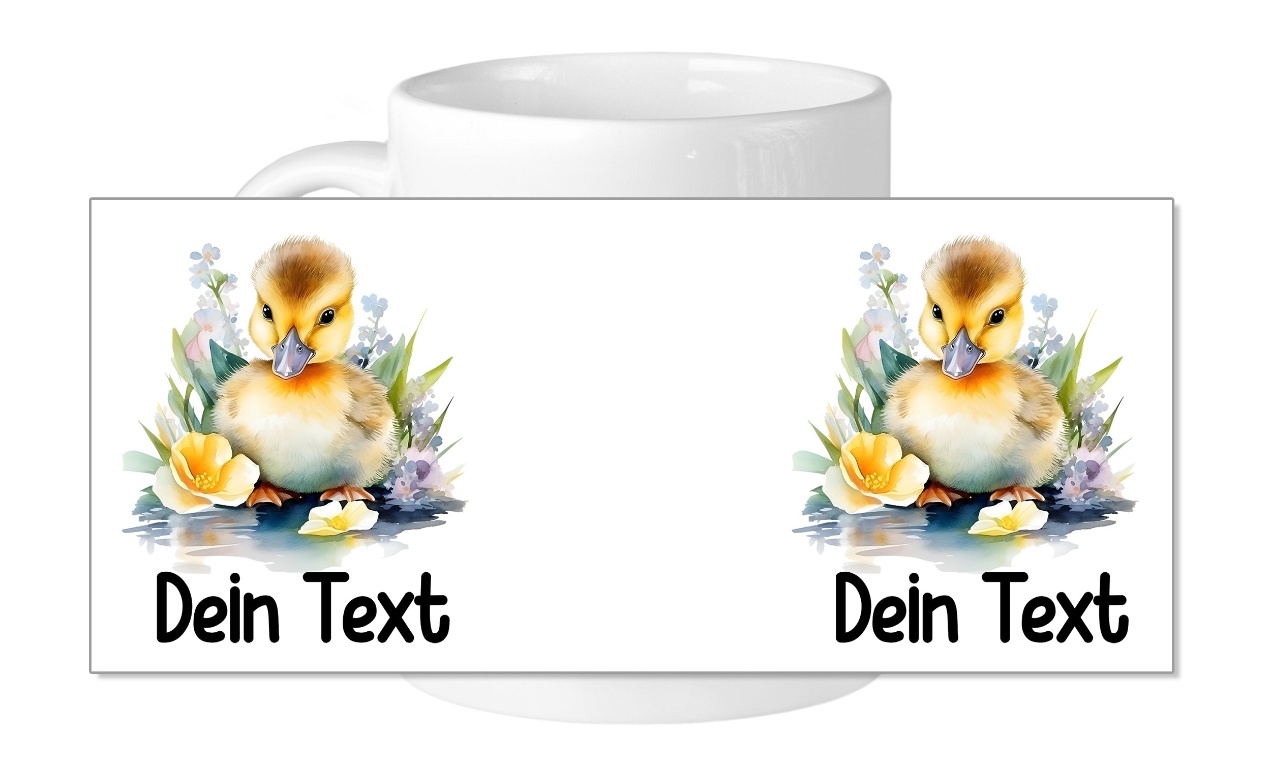 Tasse mit gelbem Entenküken und Blumenmotiven.