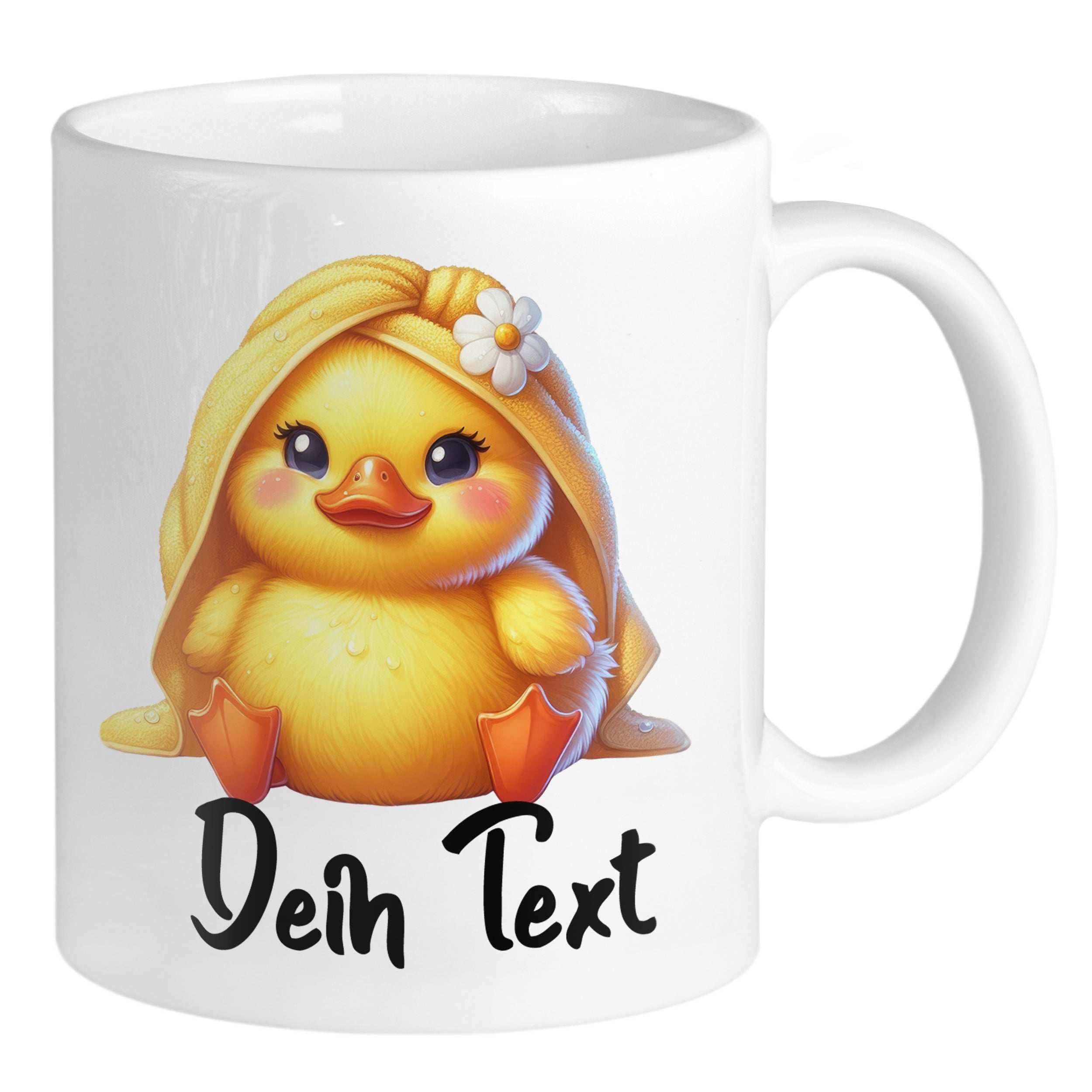 Gelbe Enten-Tasse mit Handtuch und Blume, personalisierbar.