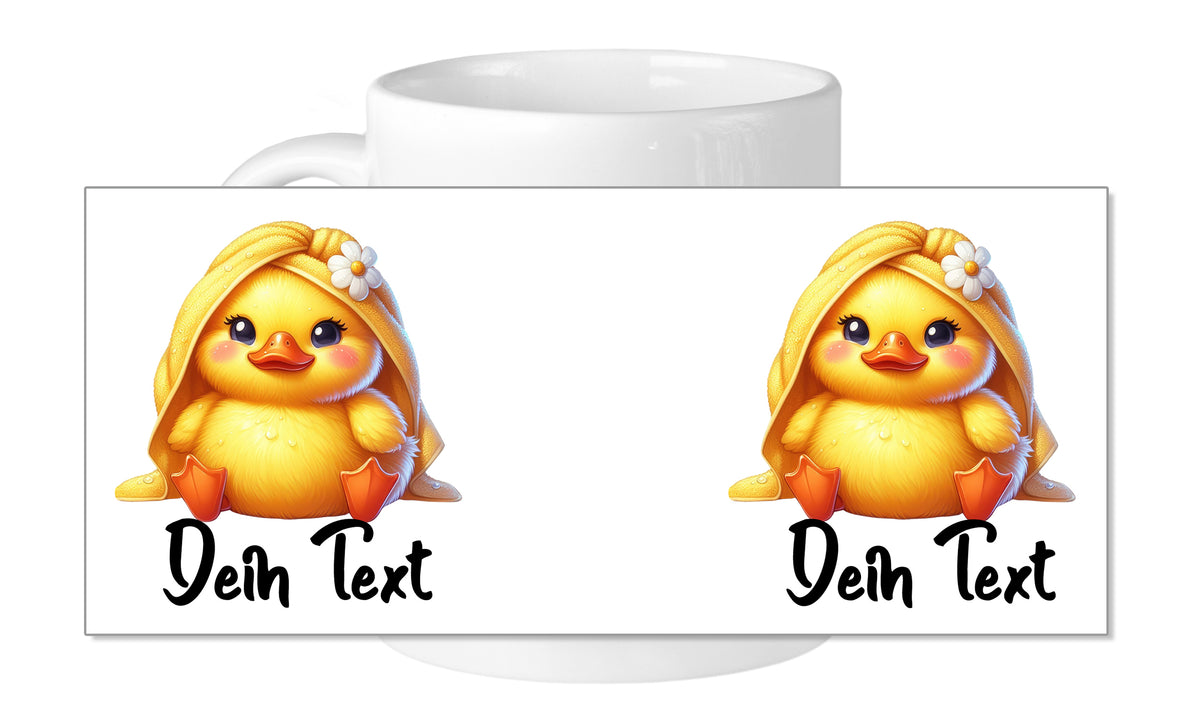 Kaffeetasse mit gelbem Entchen und Text.