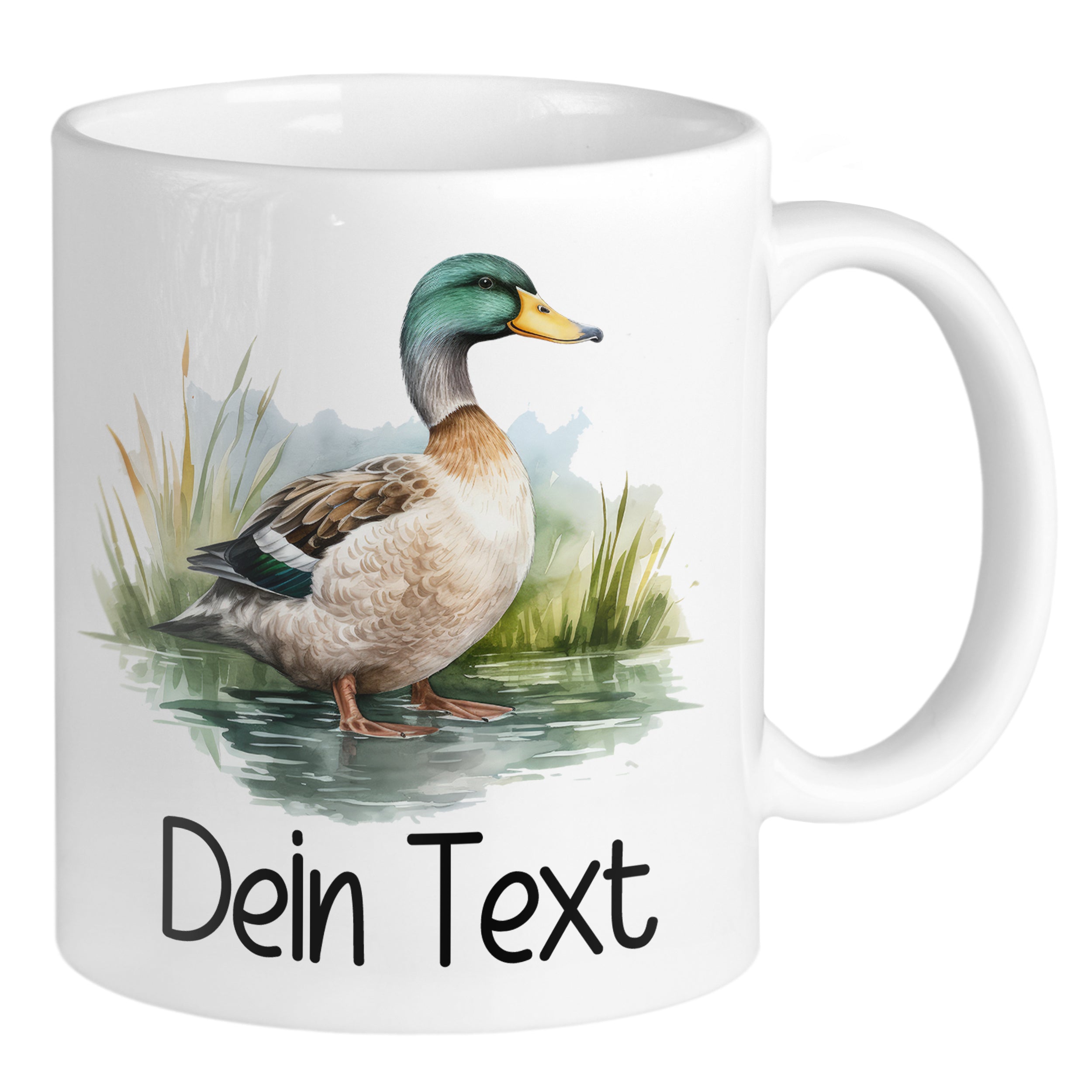 Tasse mit Entenmotiv und personalisierbarem Text.