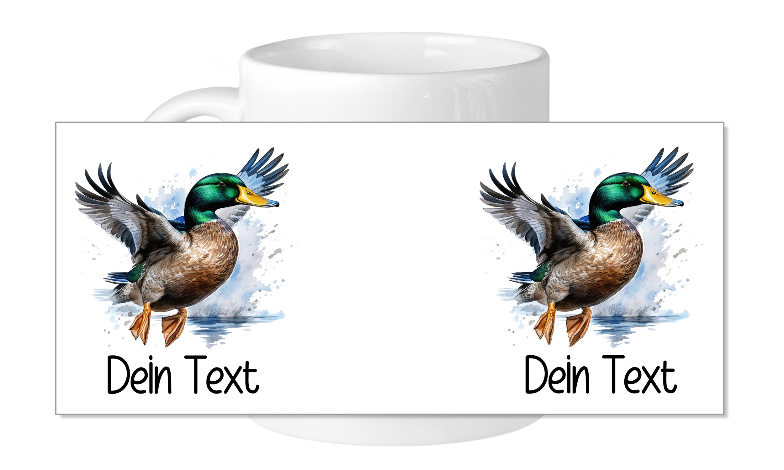 Fliegende Ente auf weißer Tasse mit personalisiertem Text.