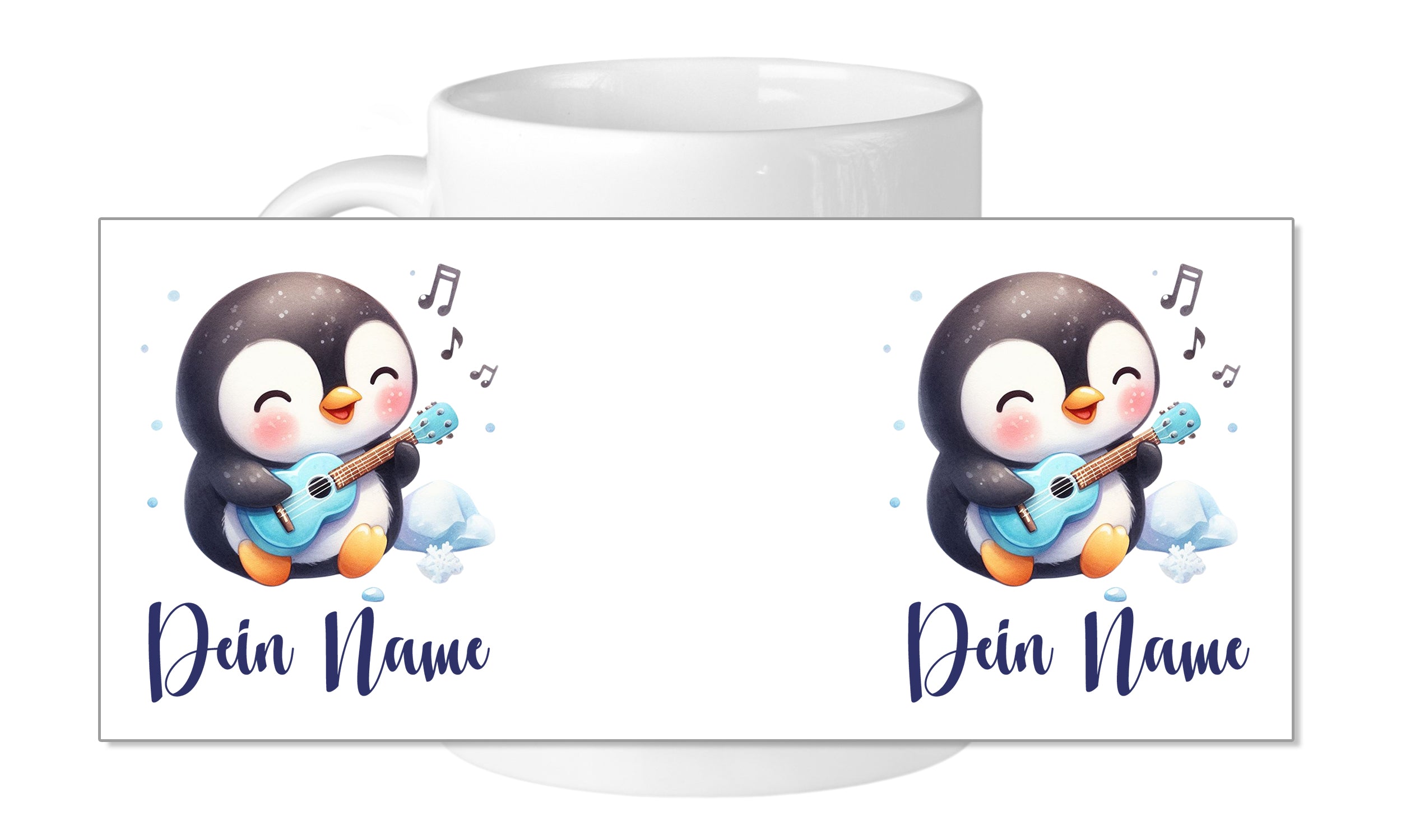 Kaffeetasse mit niedlichem singendem Pinguin und personalisiertem Namen.