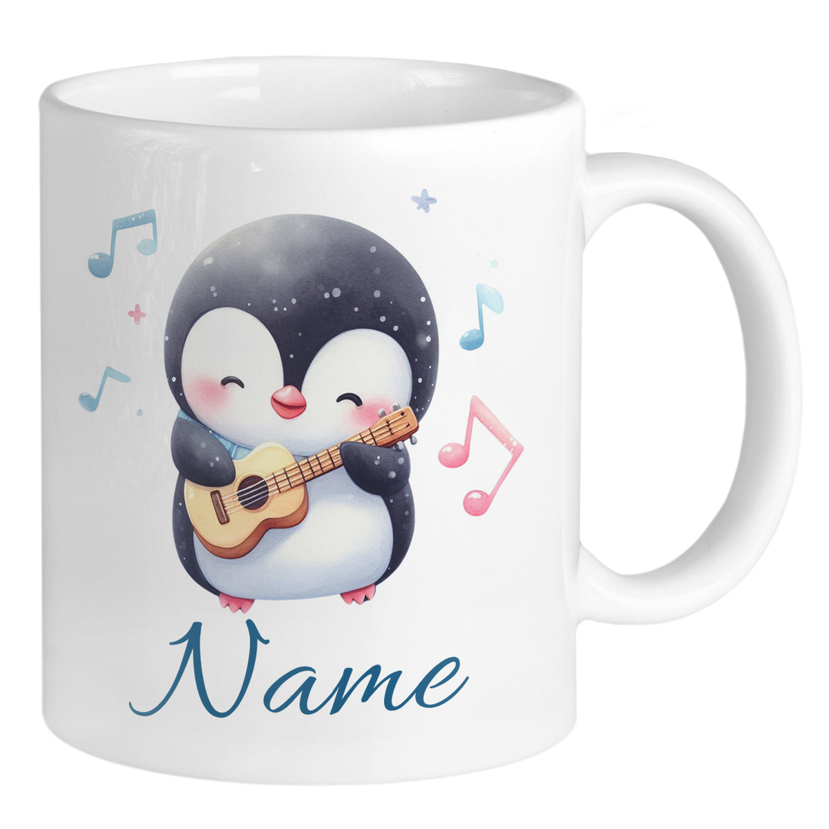 Kaffeetasse mit niedlichem Pinguin und Gitarre, personalisierbar.
