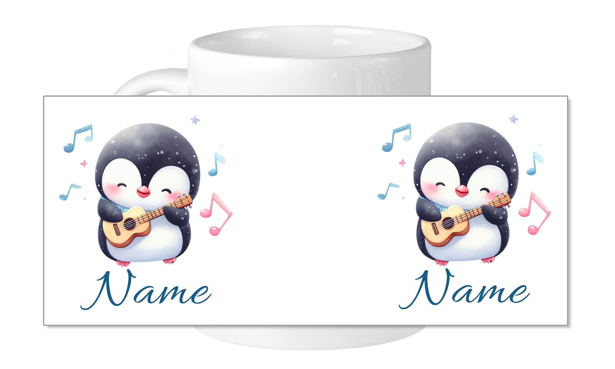 Kaffeetasse mit singendem Pinguin und personalisierbarem Namen.