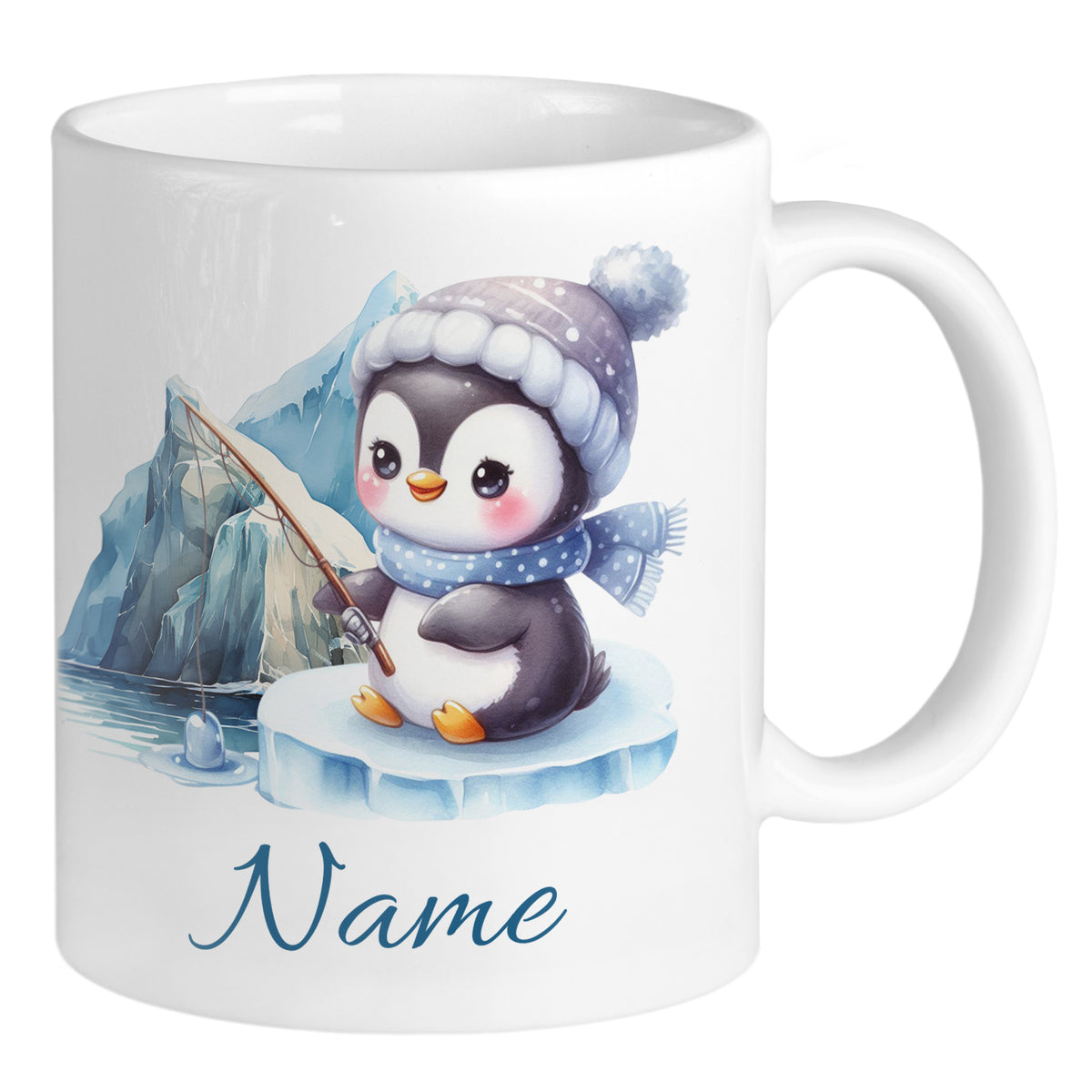 Kaffeetasse mit niedlichem Pinguin, blauem Schal und personalisierbarem Namen.