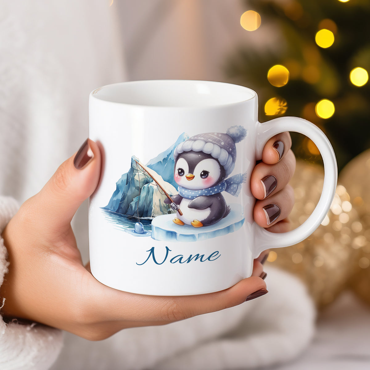 Tasse mit niedlichem Pinguin-Motiv und personalisierbarem Namen.