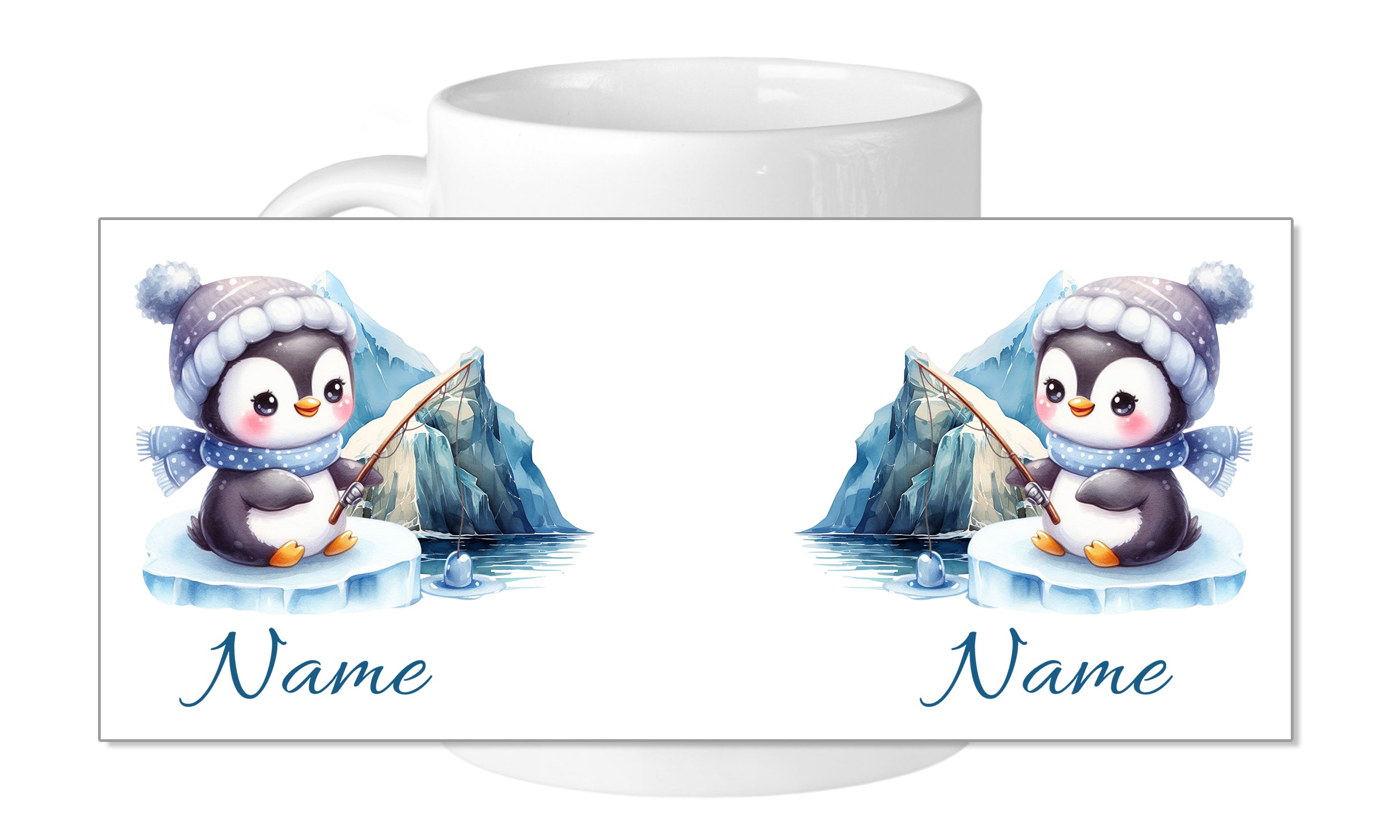 Kaffeetasse mit zwei niedlichen Pinguinen und Fischen.