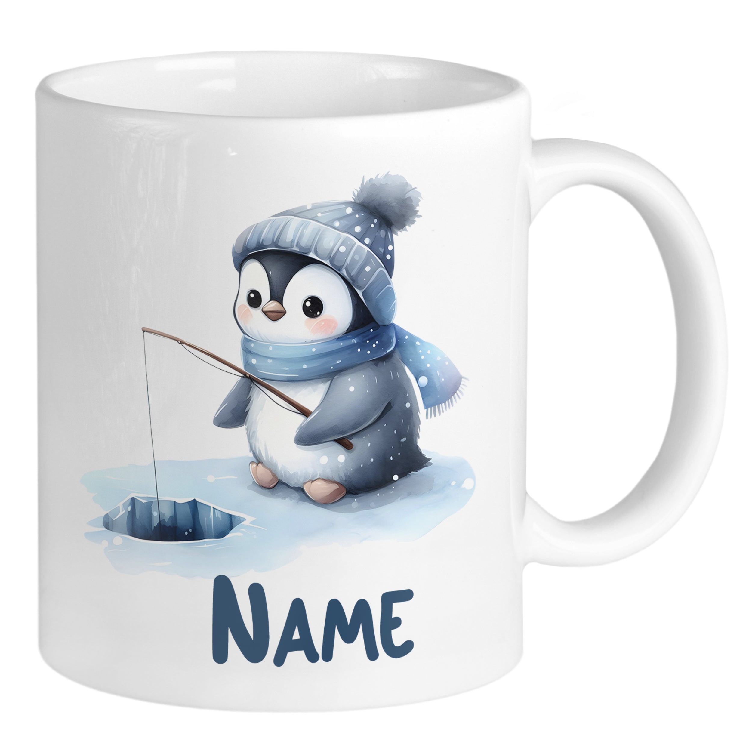 Tasse mit niedlichem Pinguin, blauem Schal und Angel.