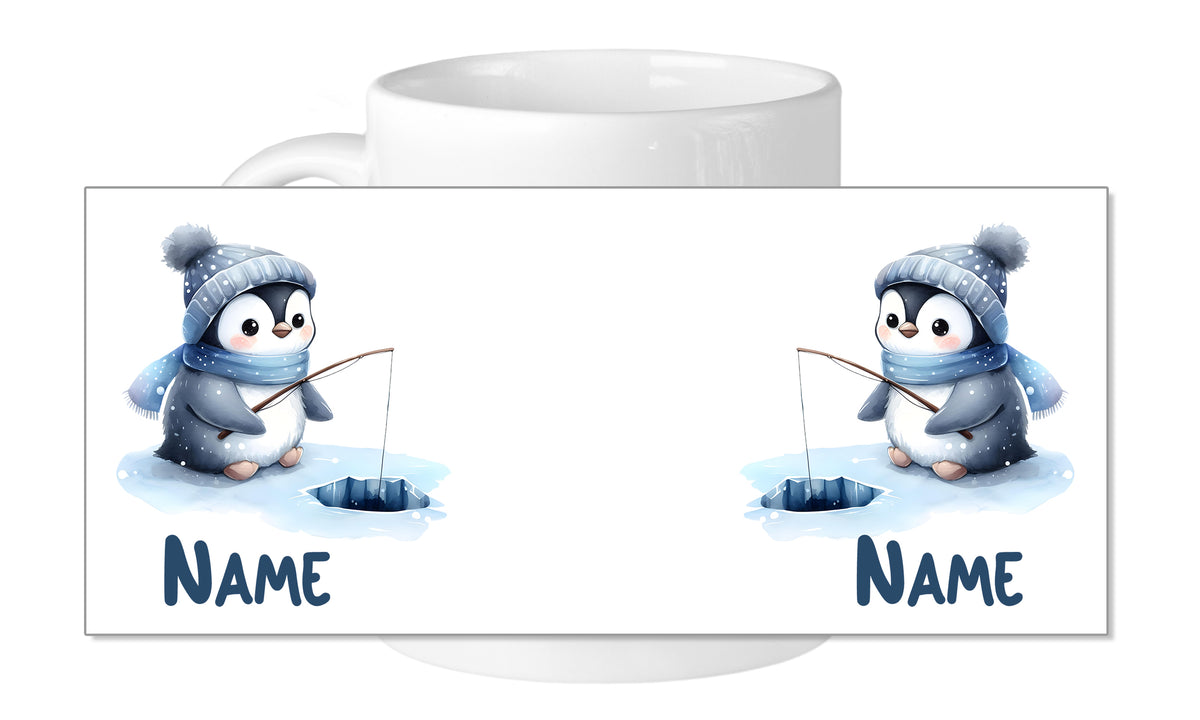 Tasse mit zwei Pinguinen, blauem Hut und Angeln.