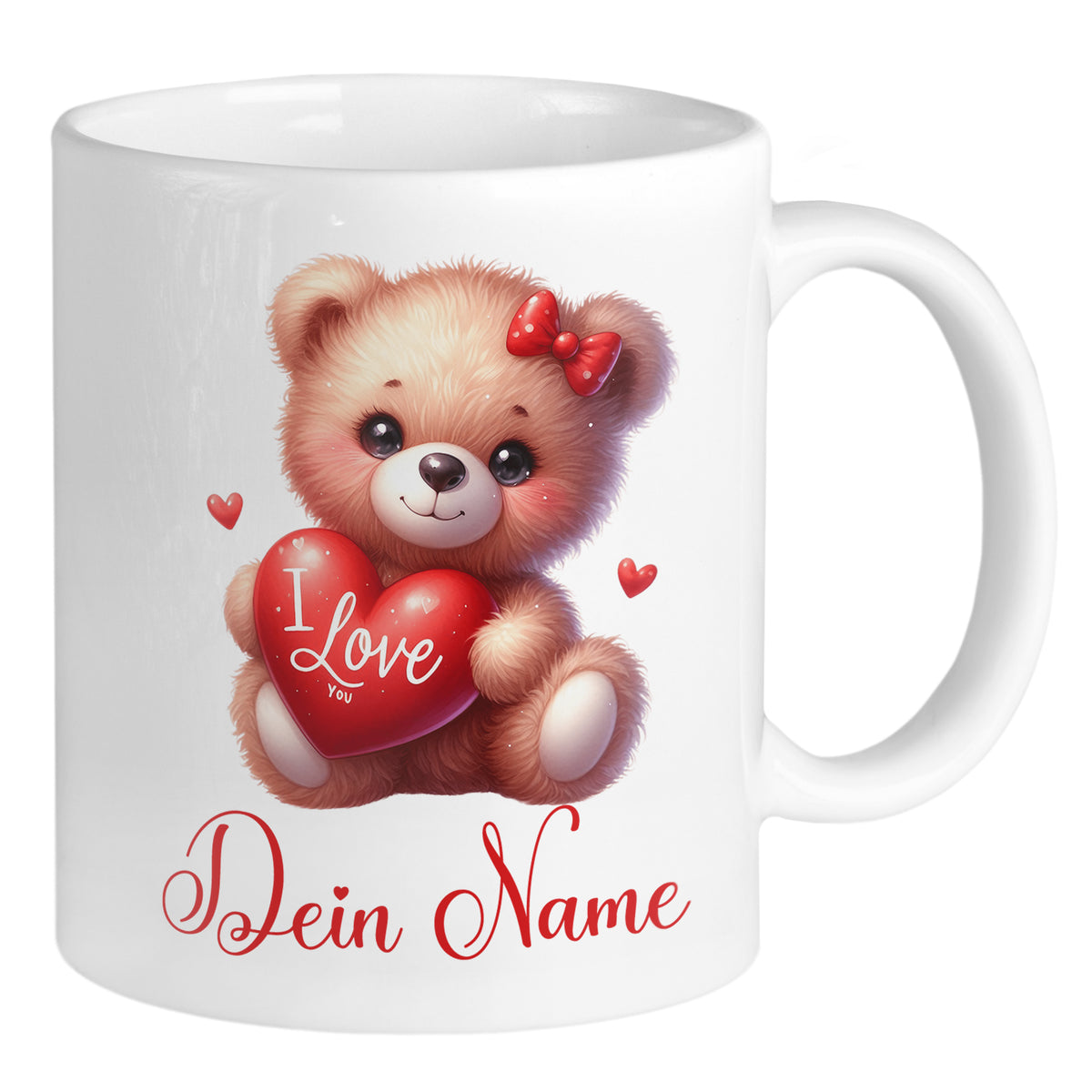 Tasse mit niedlichem Bären und rotem Herz, personalisierbar.