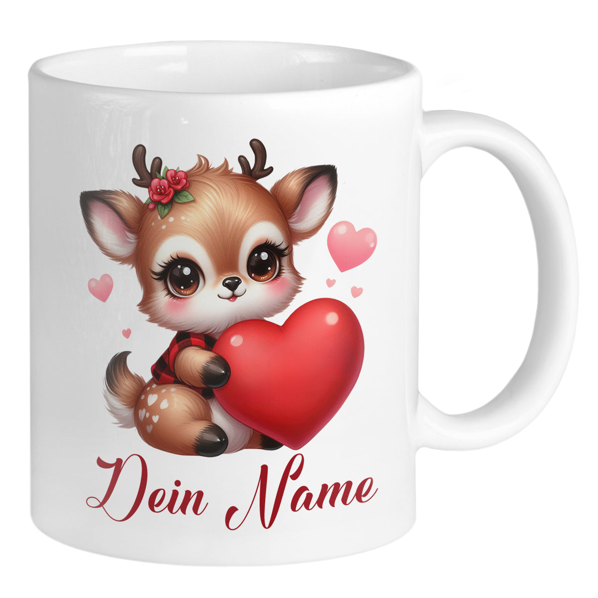 Tasse mit niedlichem Reh, rotem Herz und personalisierbarem Namen.