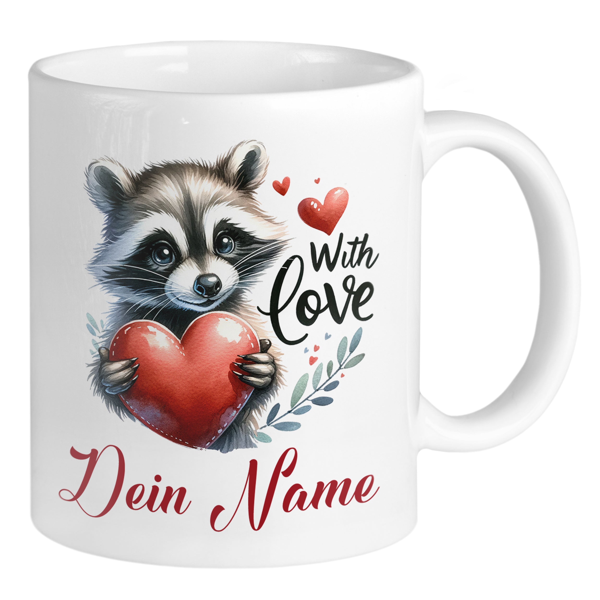 Weißer Becher mit Waschbär, Herz und "Dein Name".