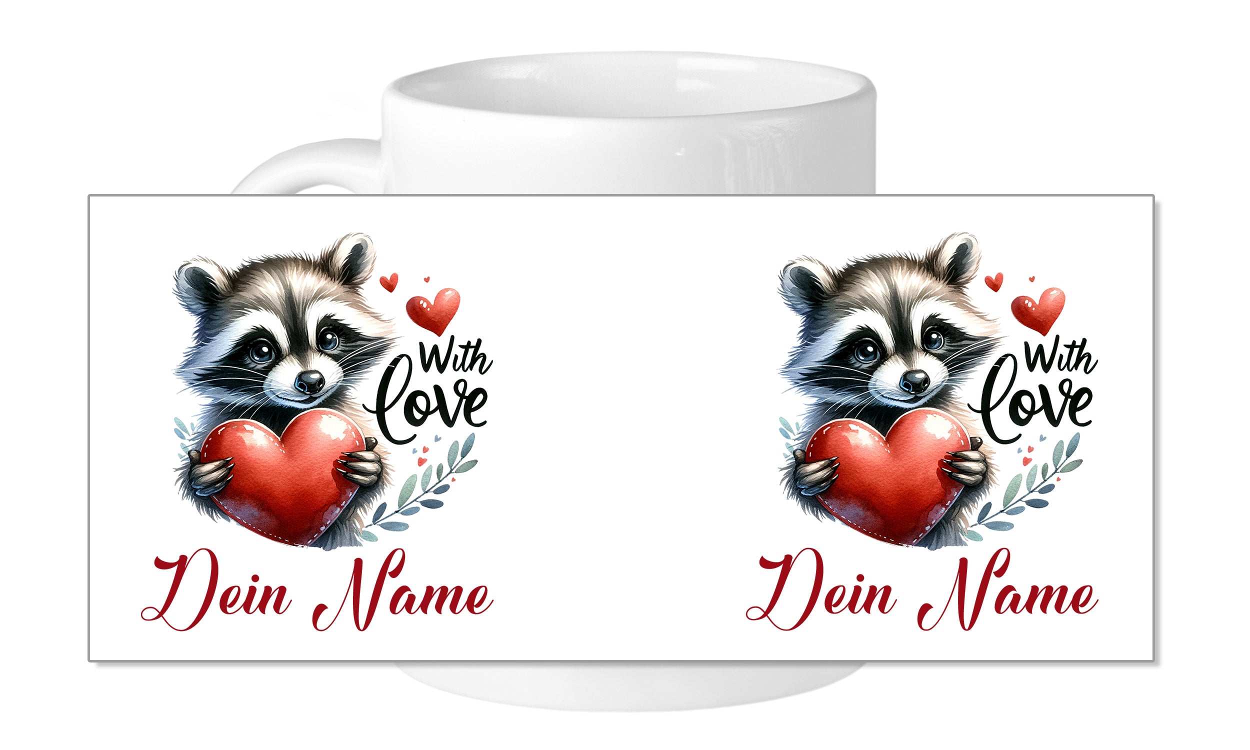Tasse mit Waschbär, rotem Herz und personalisiertem Namen.