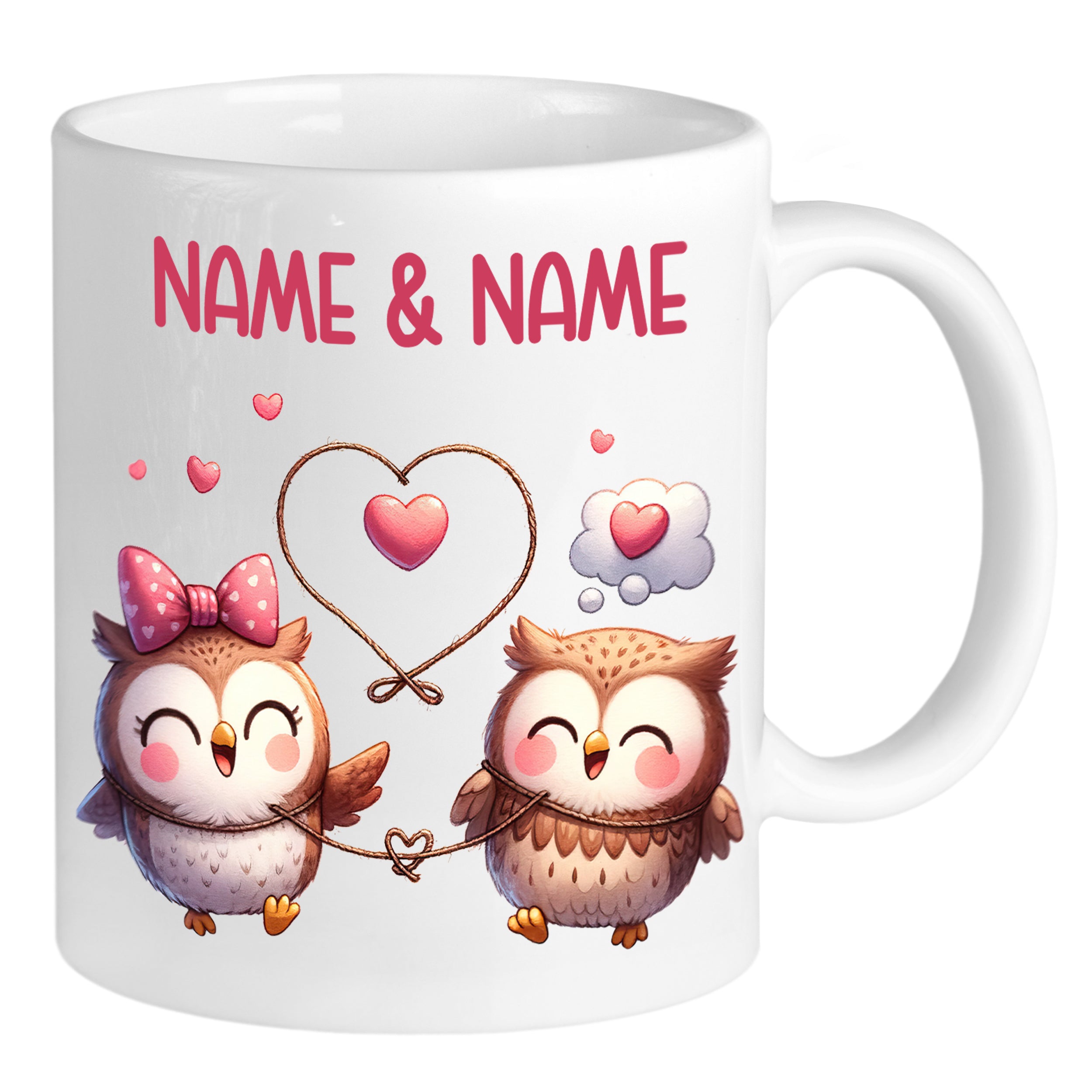 Tasse mit zwei verliebten Eulen und Herzen, personalisierbar.