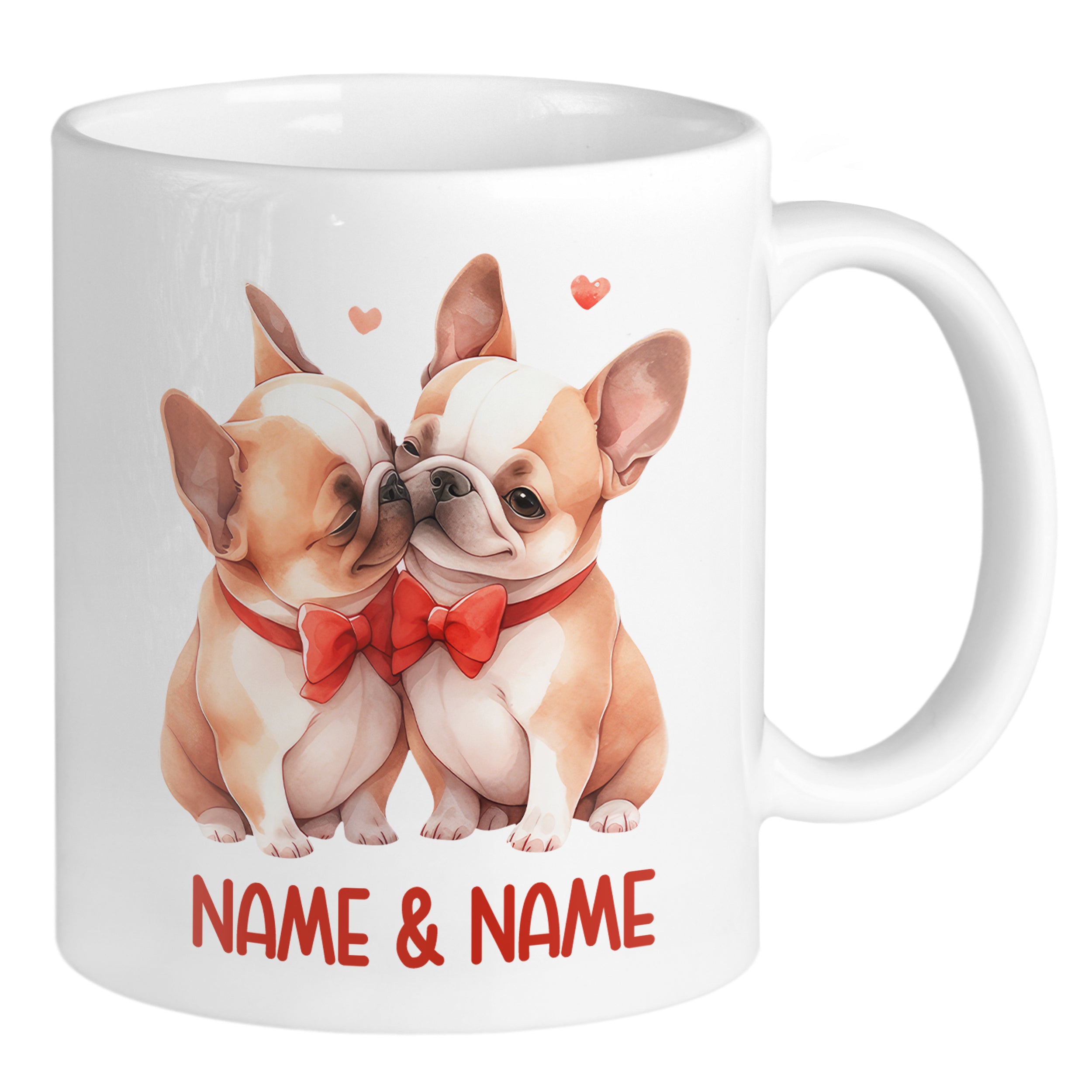 Tasse mit zwei küssenden Französischen Bulldoggen und Namen.
