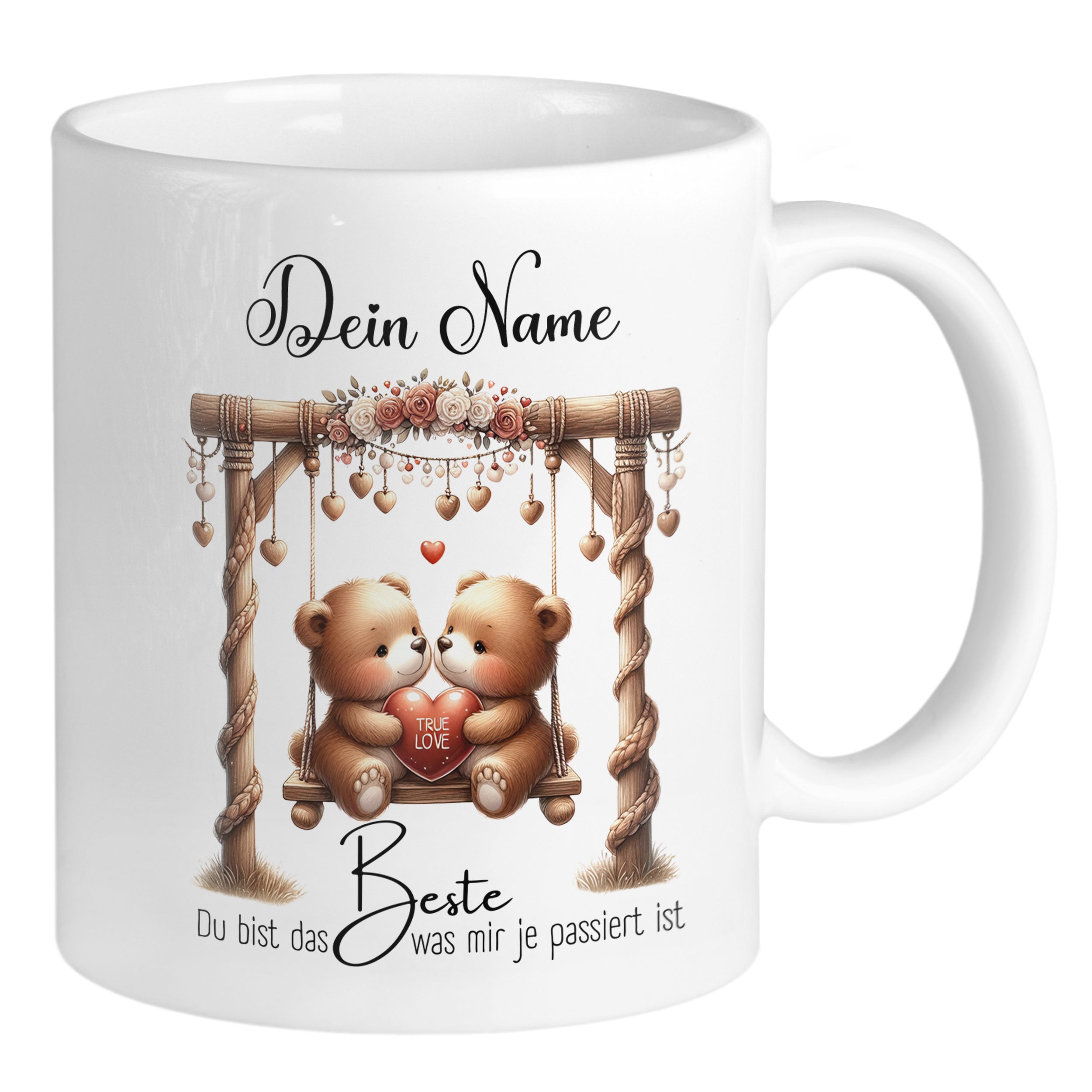 Tasse mit zwei Bären auf einer Schaukel, personalisierbar.