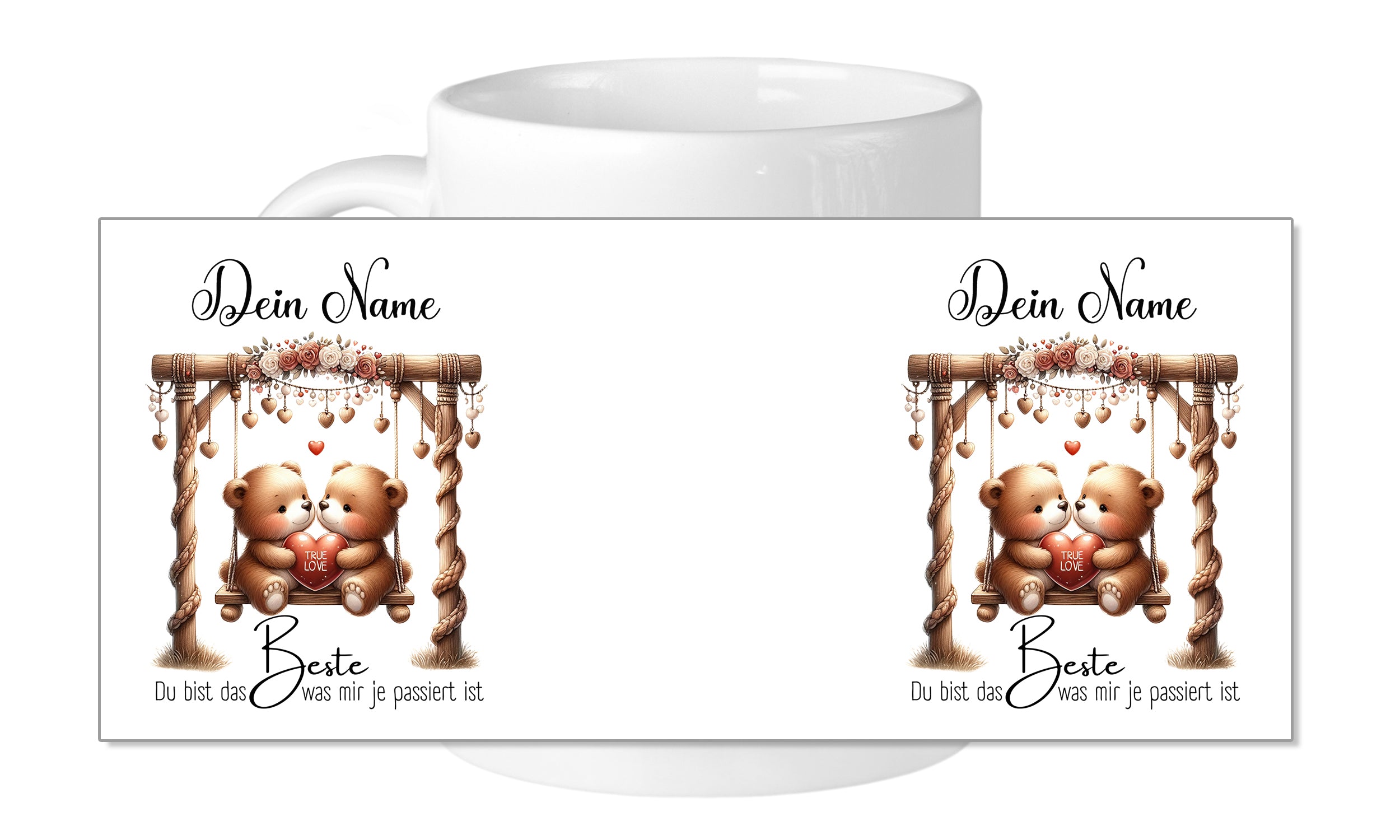 Tasse mit zwei Bären auf einer Schaukel, personalisierbar.
