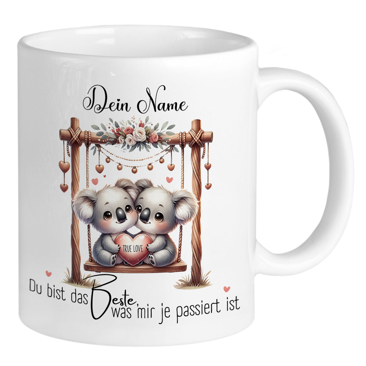 Weißer Kaffeebecher mit Koalas und Herzmotiv.