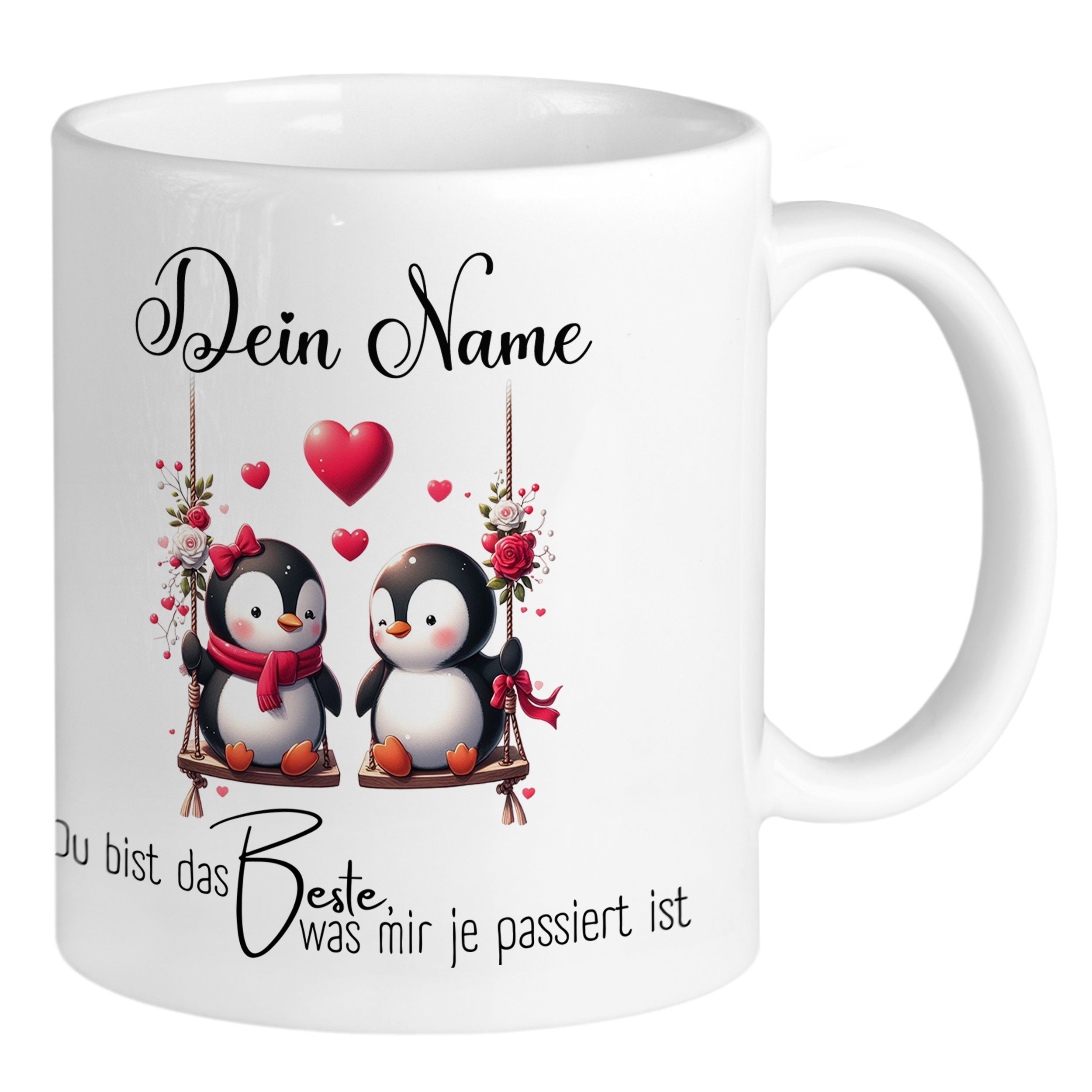 Weiße Tasse mit zwei Pinguinen und Herzmotiven.
