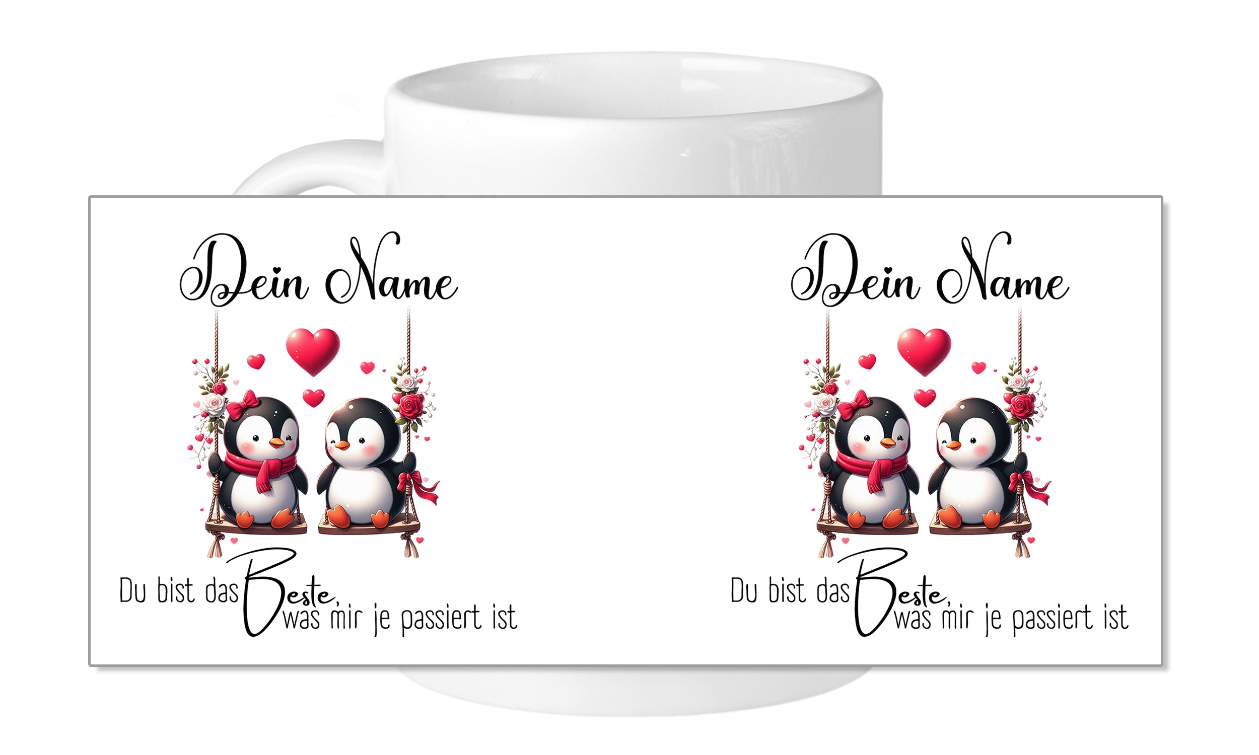 Tasse mit Pinguinen, Herzen und personalisiertem Text.