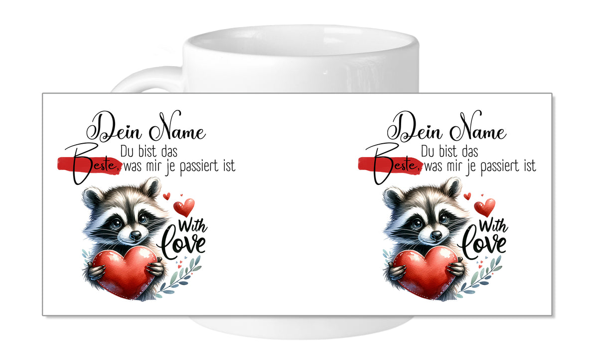 Tasse mit Waschbär, rotem Herz und liebevollem Text.