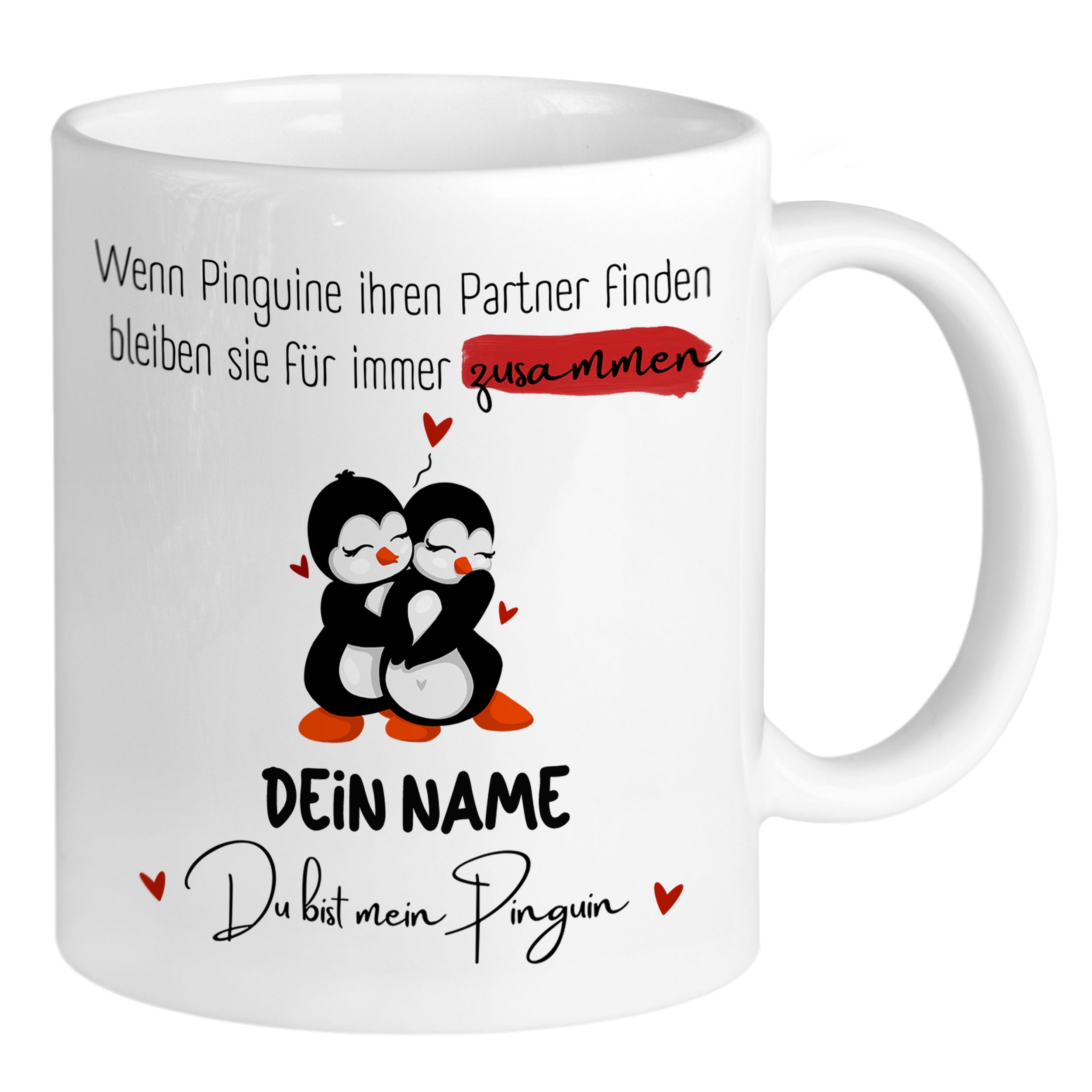 Weiße Tasse mit Pinguinen und personalisierbarem Namen.