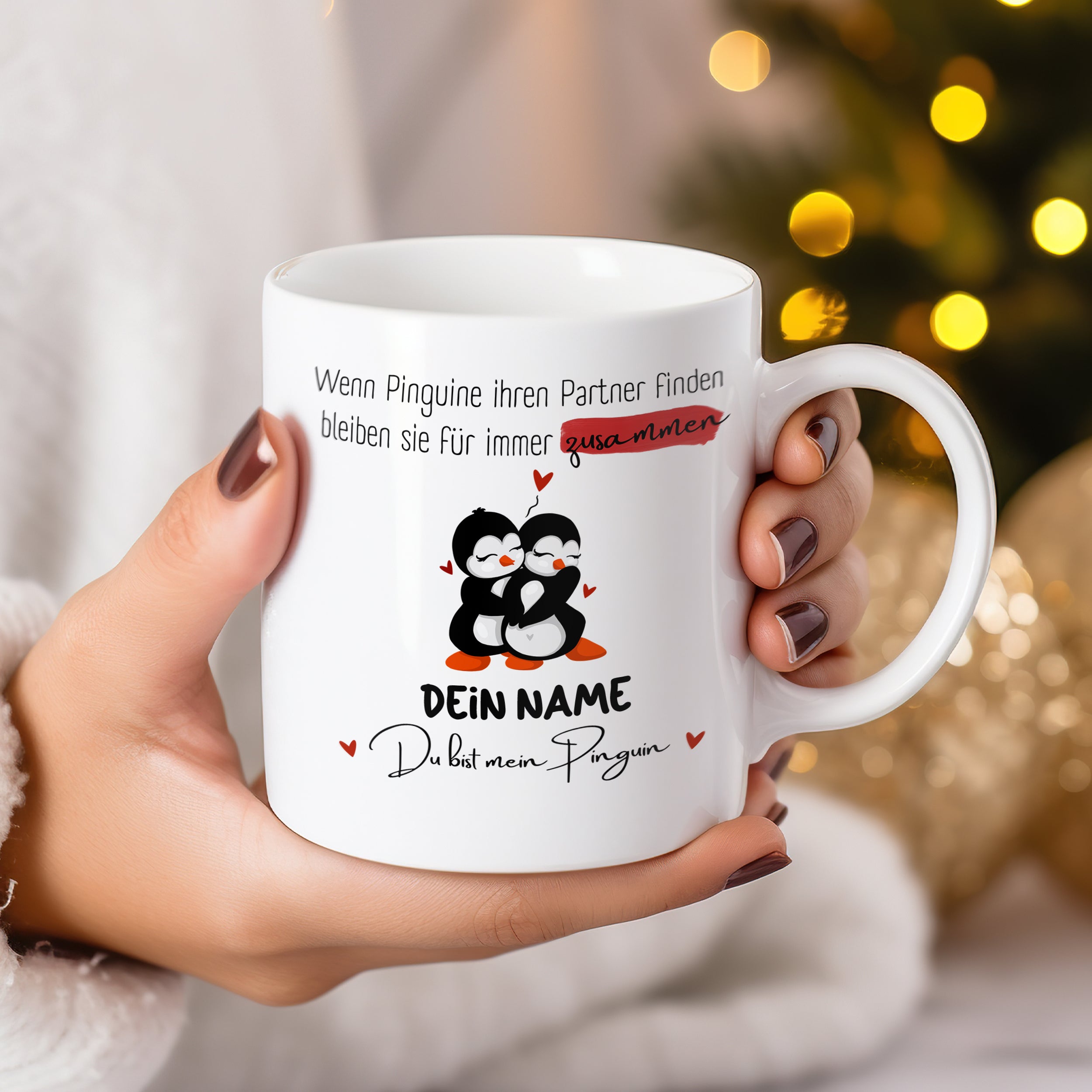 Tasse mit Pinguinen und personalisierbarem Namen, weiß.