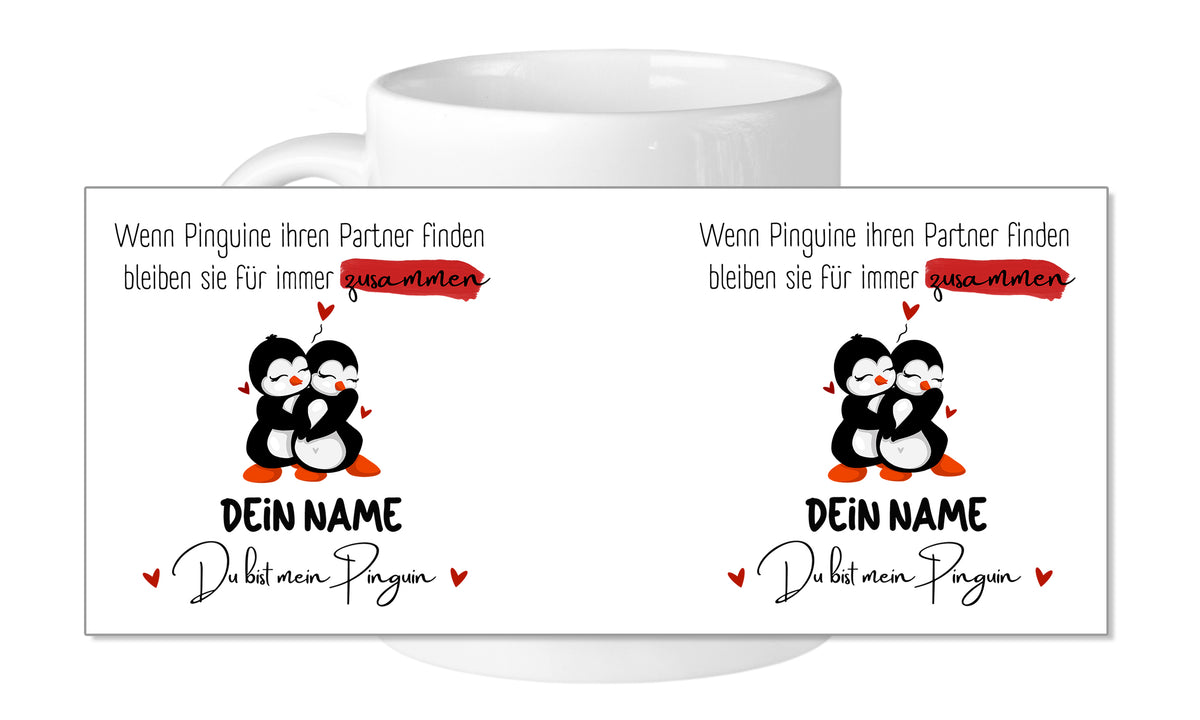 Tasse mit Pinguinen, personalisierbar, schwarz-weiß-rot.
