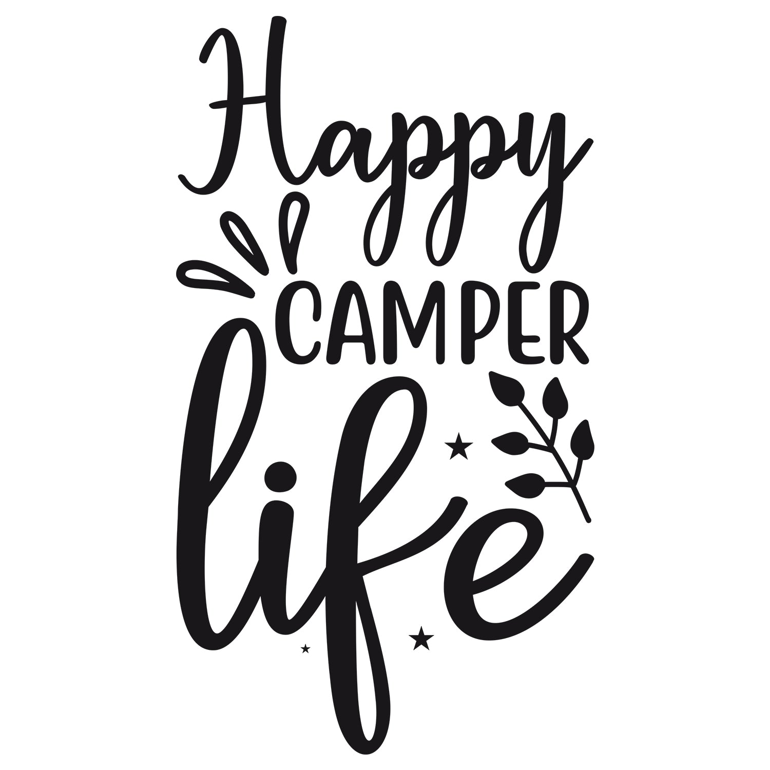 Schriftzug "Happy Camper Life" in Schwarz mit Pflanzenmotiven.