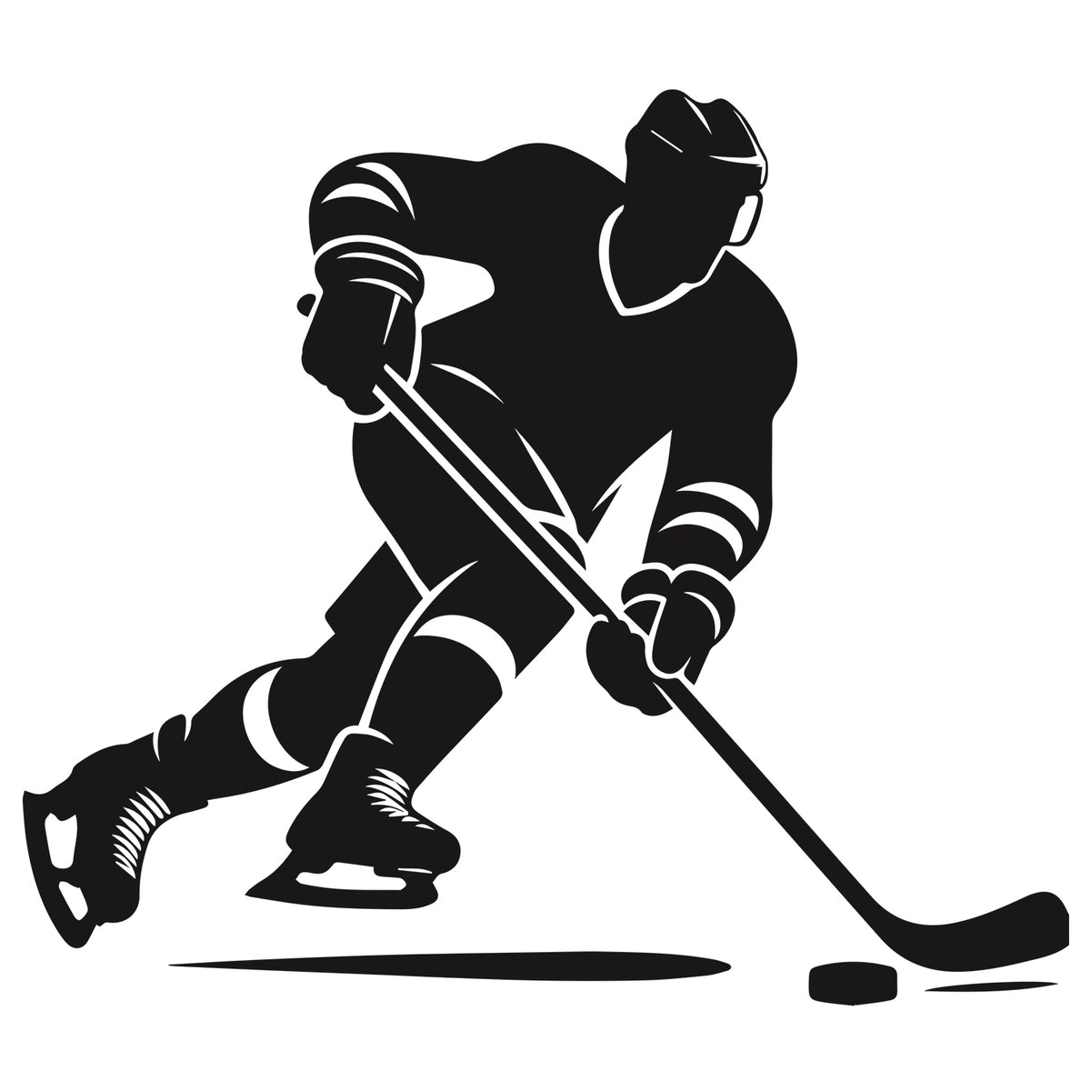 Schwarzes Wandtattoo mit Eishockeyspieler beim Puckschuss