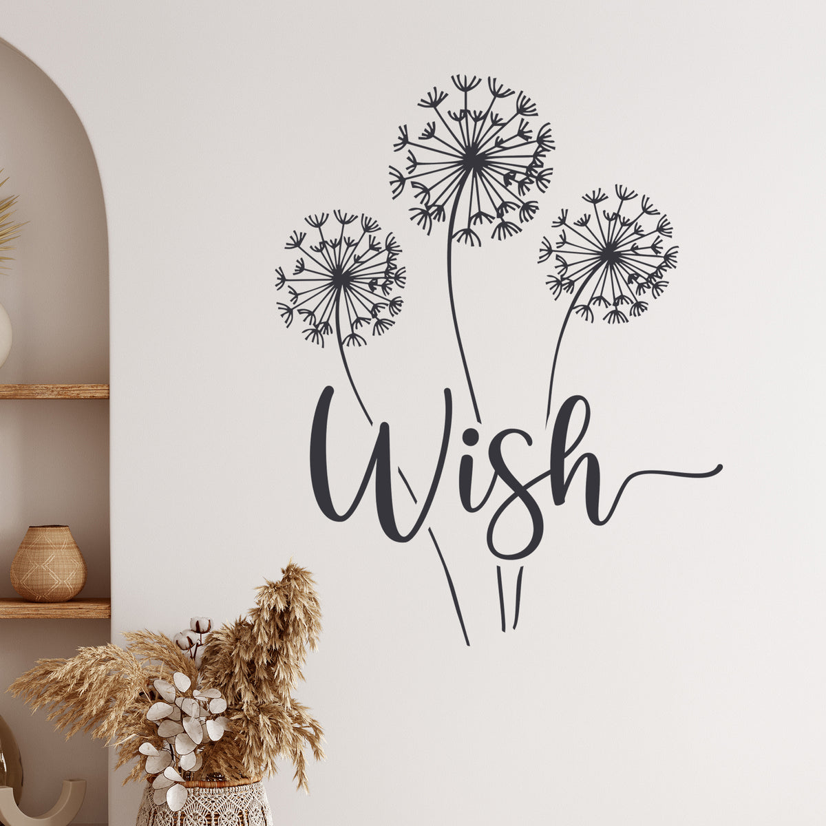 Wandtattoo mit Pusteblumen und Schriftzug Wish im Wohnraum