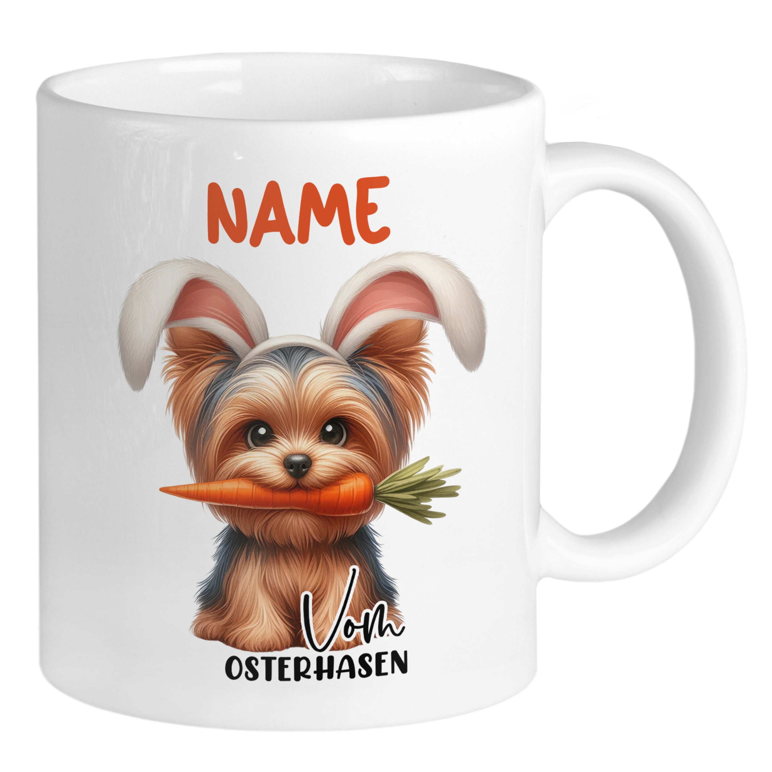 Tasse mit niedlichem Hund und Karotte, Osterdesign.