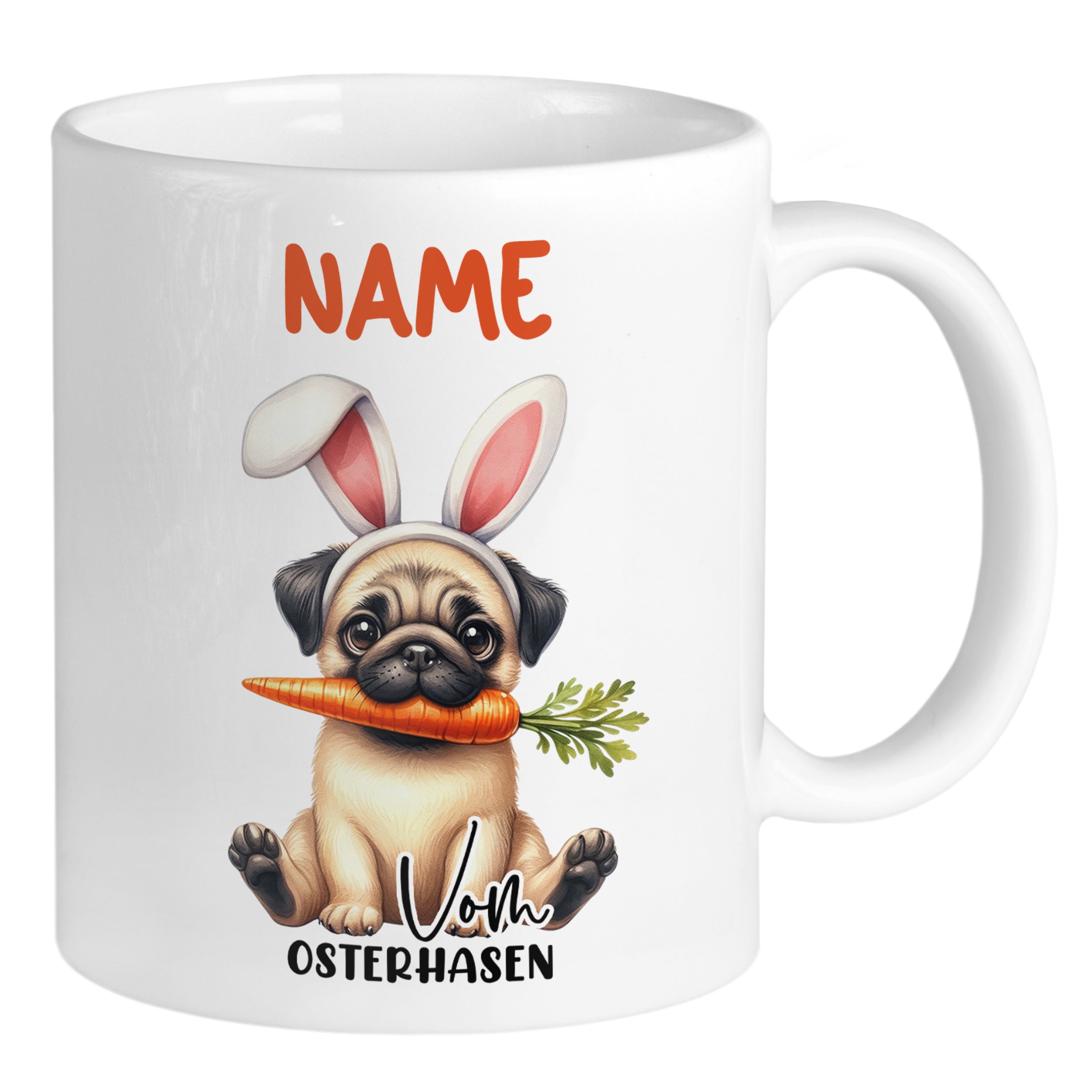 Tasse mit Mops, Osterhasenohren und Karotte.