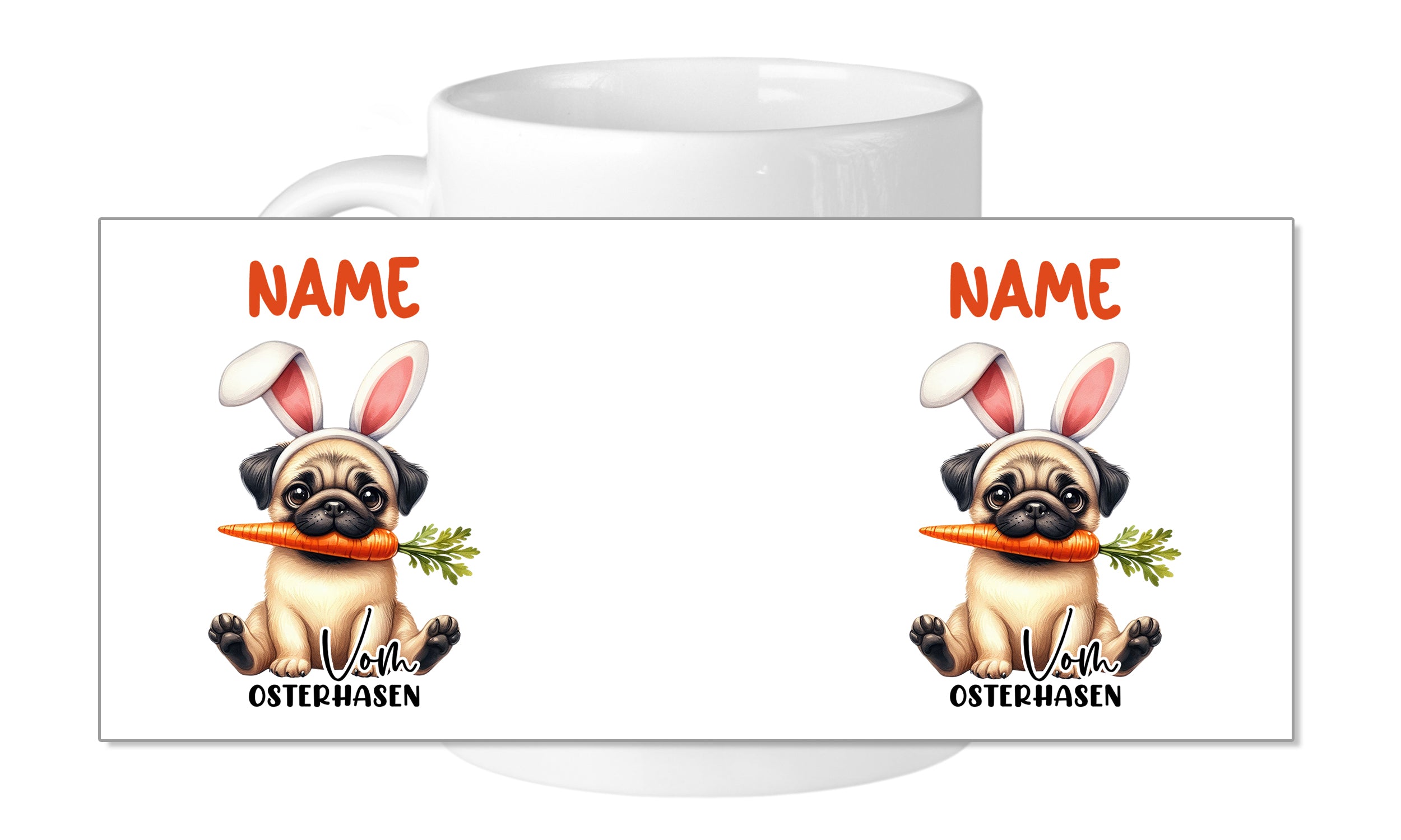 Tasse mit Pug, Osterhasenohren und Karotte.