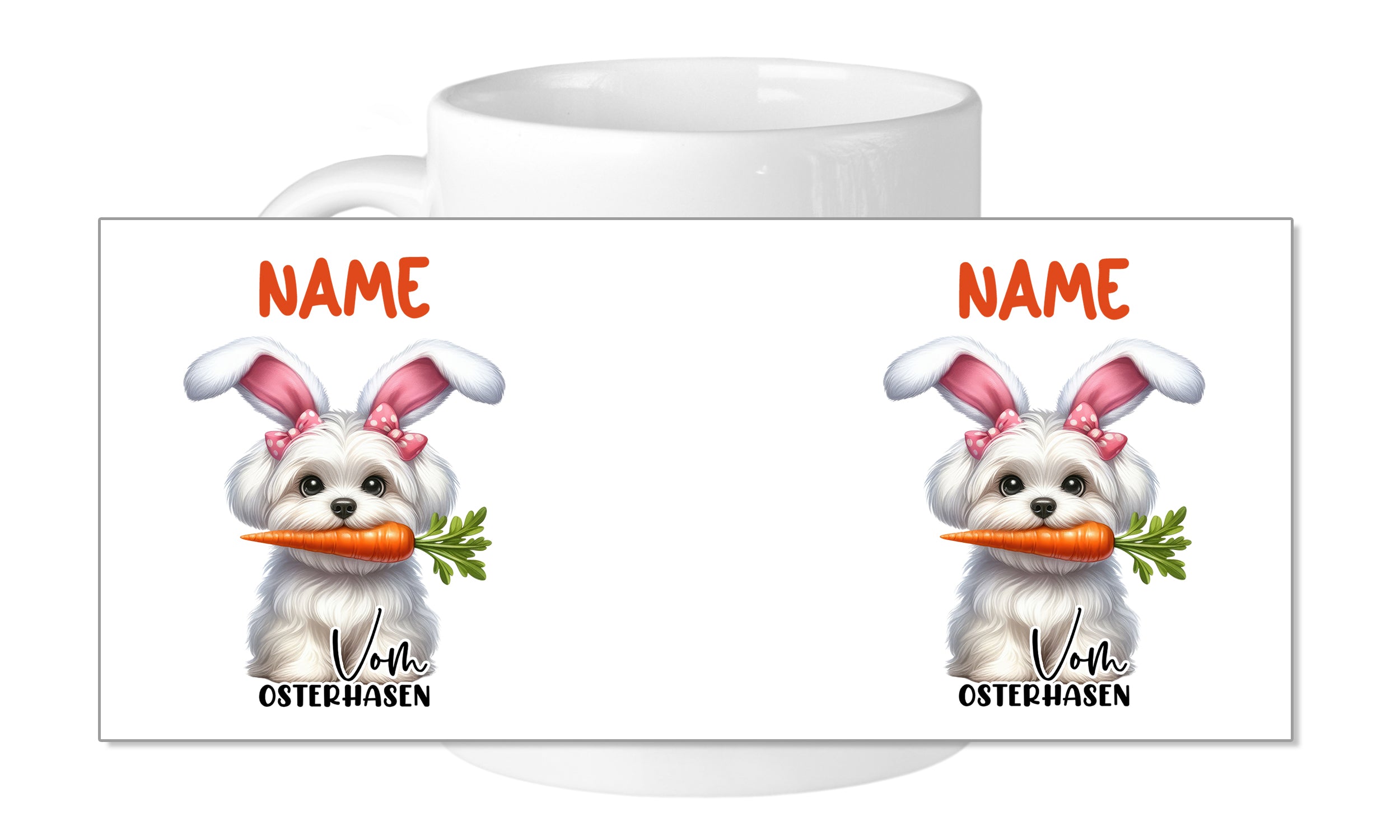 Tasse mit niedlichem Hund im Osterhasenkostüm und Karotte.