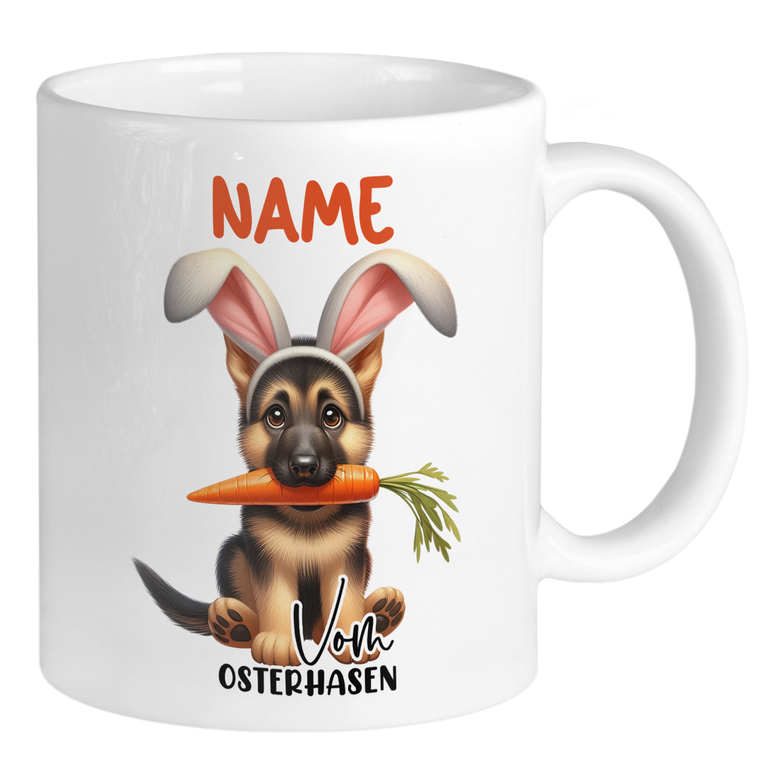 Tasse mit niedlichem Hund, Osterohren und Karotte.