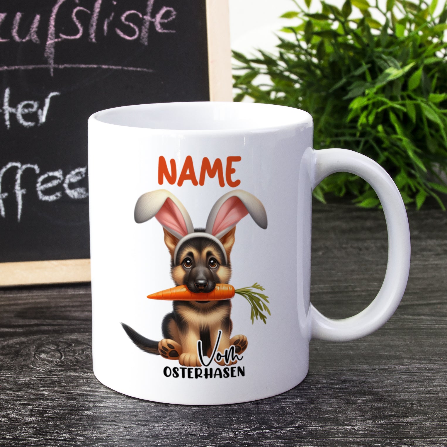 Tasse mit Hund und Karotte, weiß, personalisierbar.