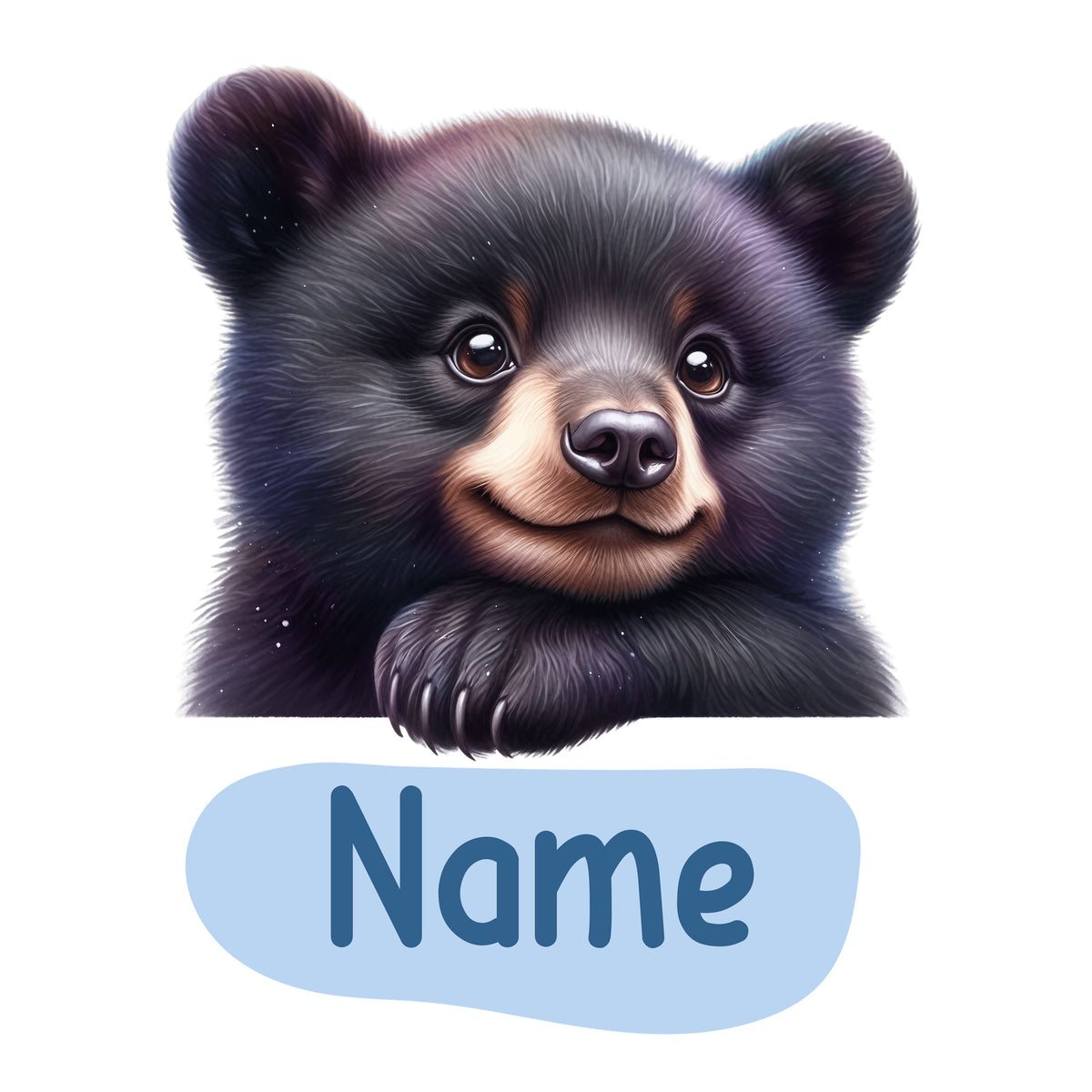 Schwarzer Bär mit freundlichem Gesicht und blauen Schriftzug.