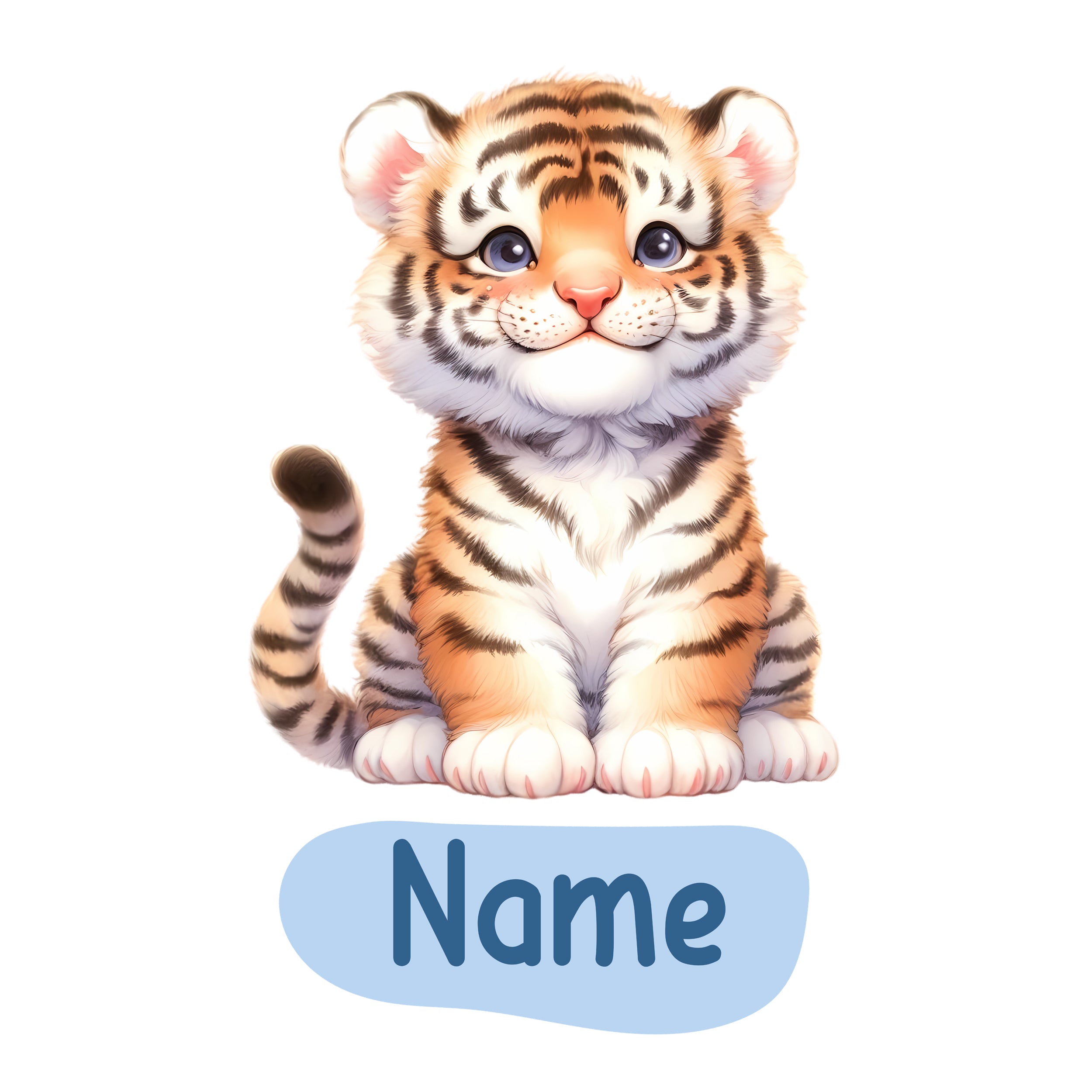 Süßer, gestreifter Tiger mit blauen Augen, sitzend.