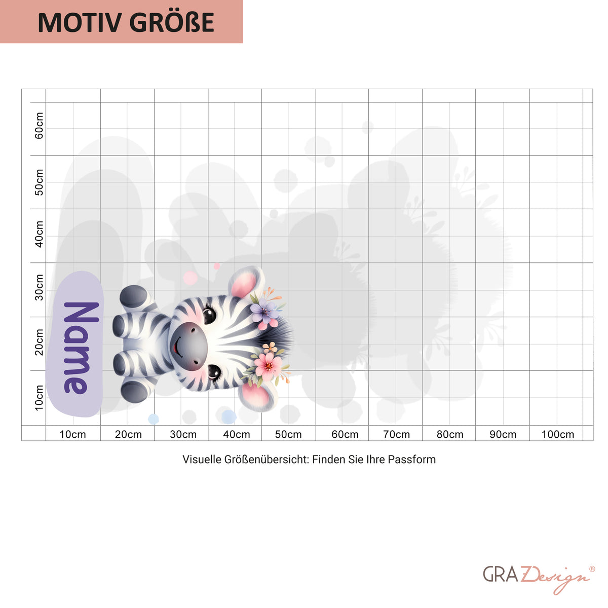 Zebra-Motiv mit Blumen, pastelblau und lila, Größenübersicht.