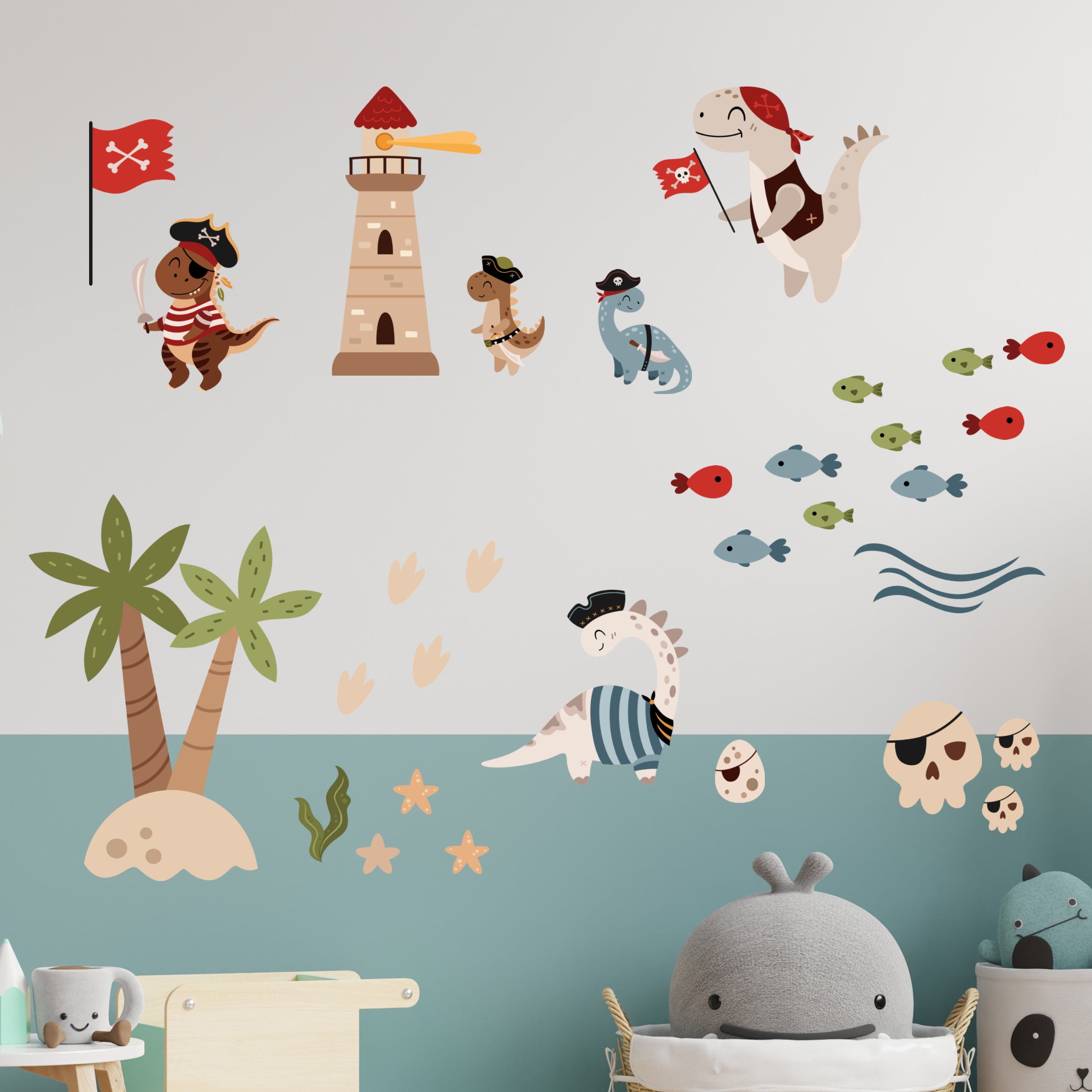 Wandtattoo mit Dinosauriern als Piraten im Kinderzimmer