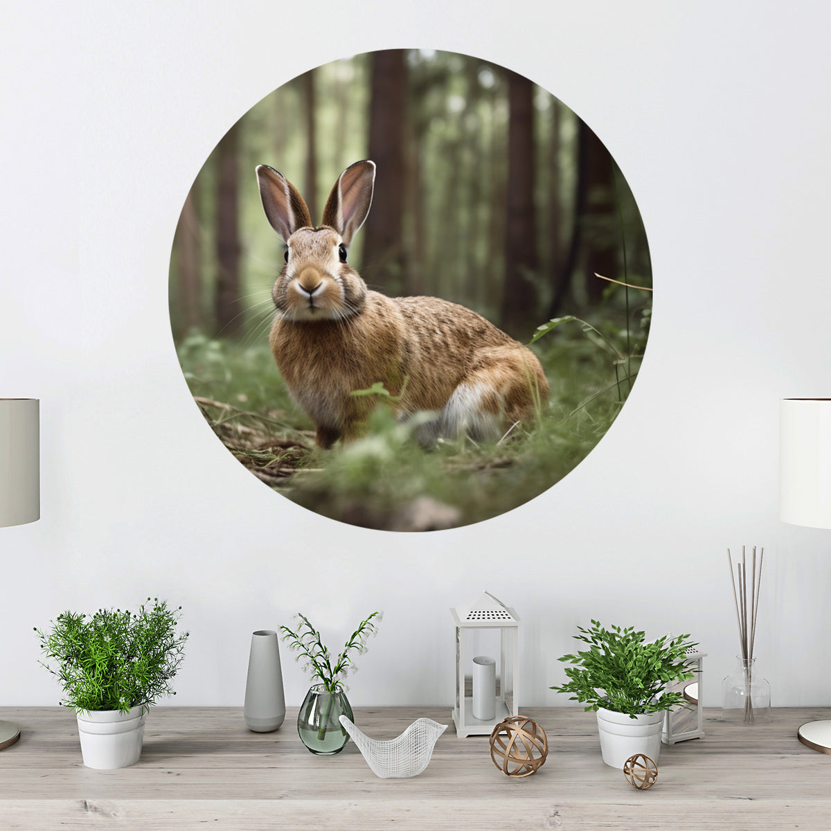 Brauner Hase im Wald, umgeben von Gras und Bäumen.