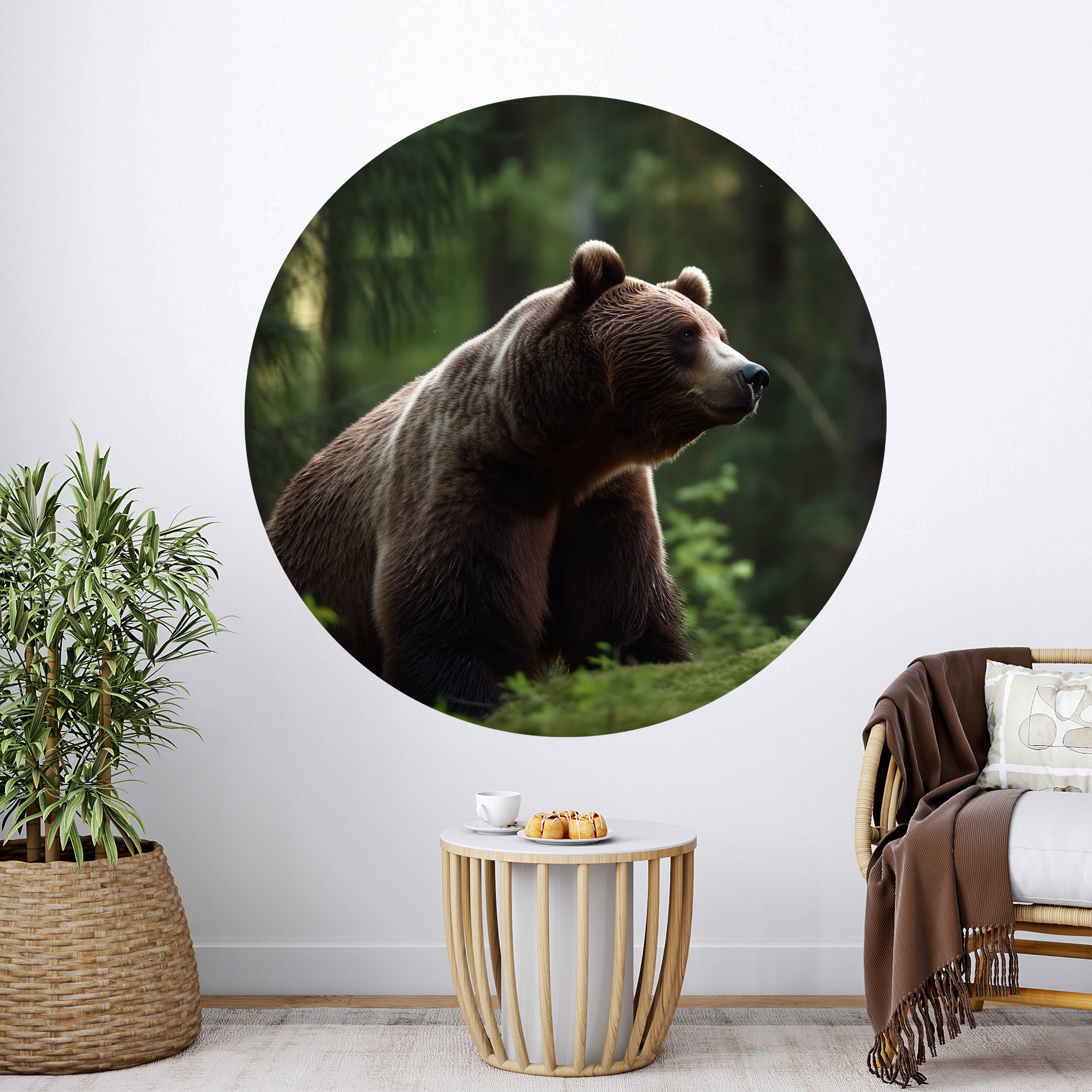 Braunbär in natürlicher Umgebung, runde Wanddekoration.