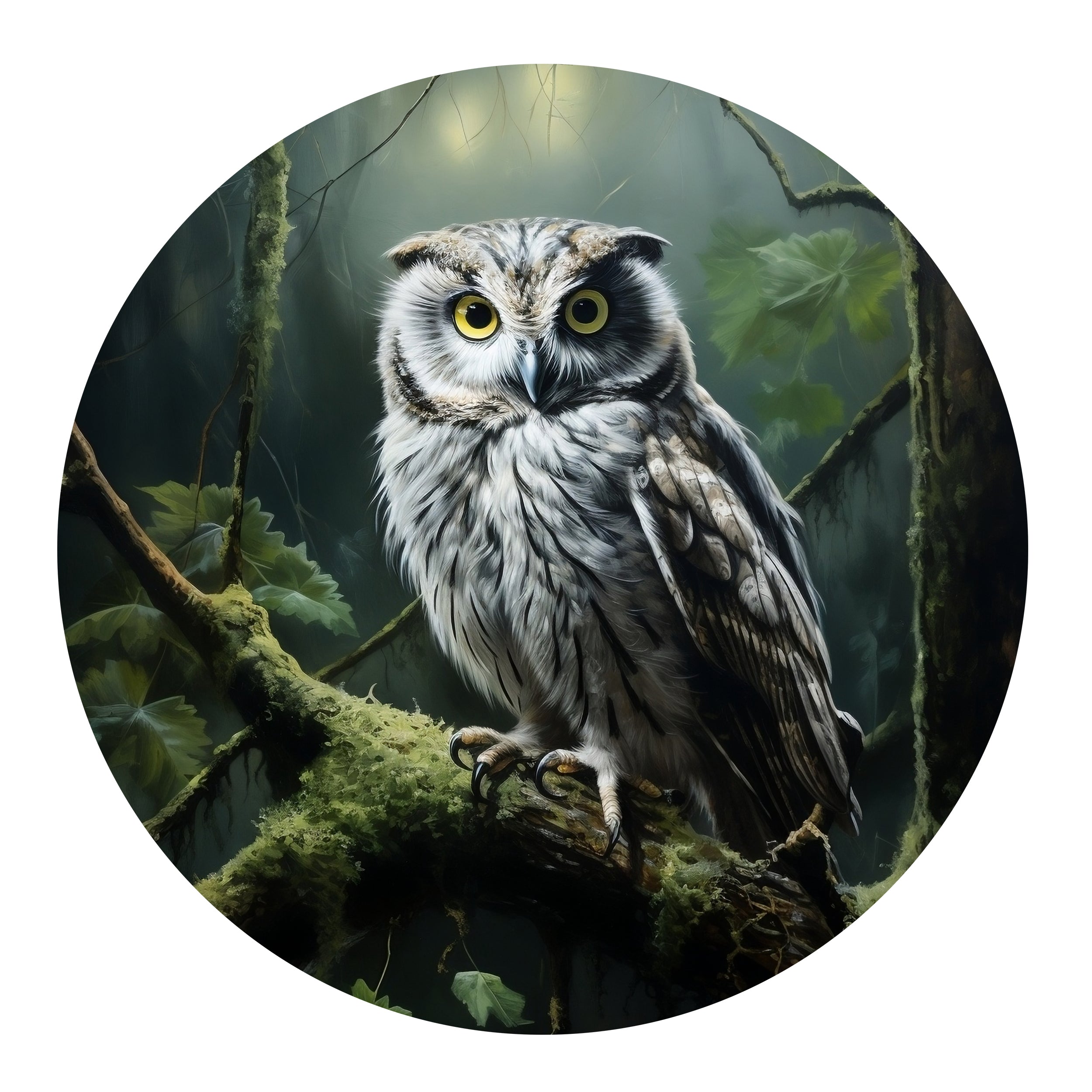 Eule mit grauem Gefieder und gelben Augen auf Baum.
