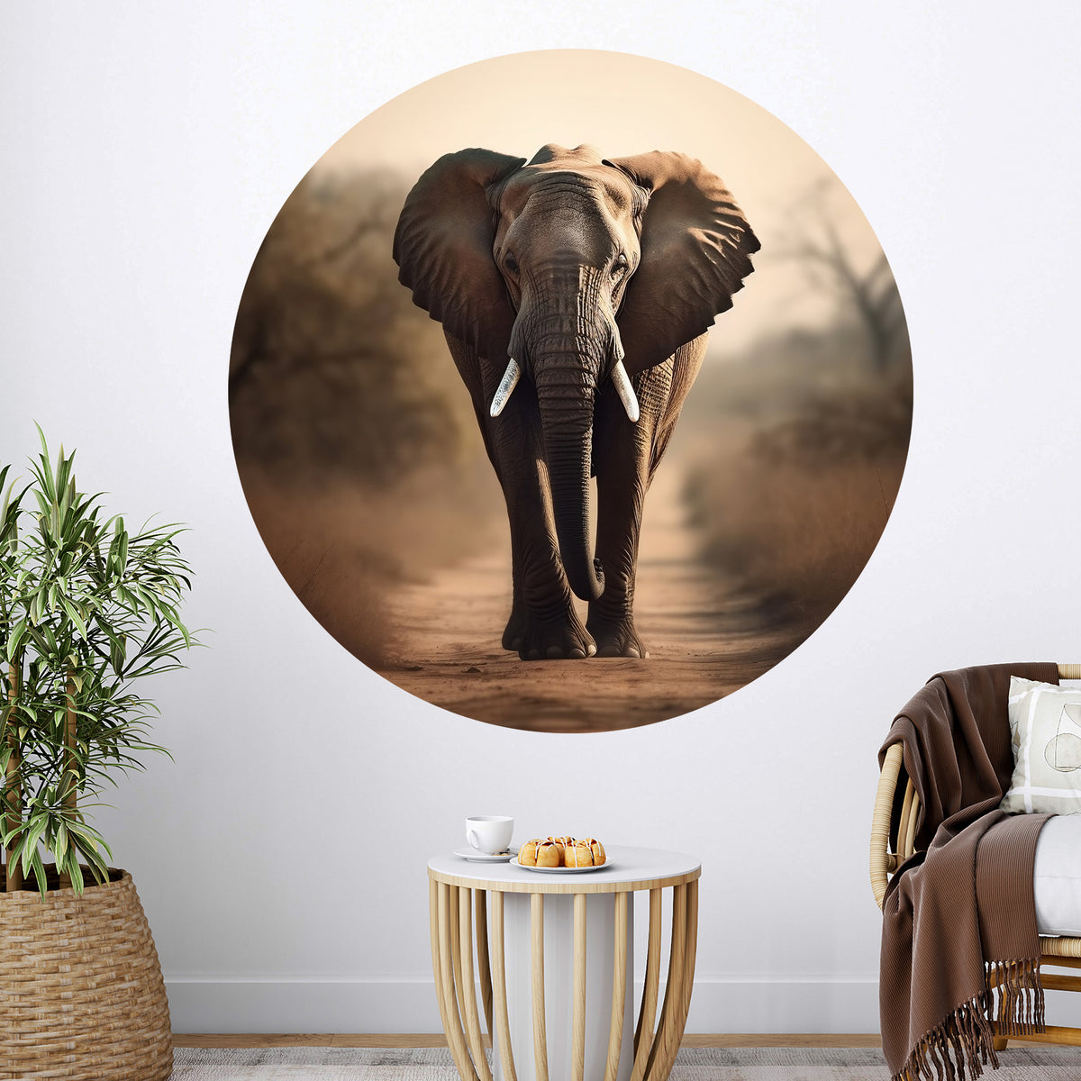 Elefant auf Wandkreis, braun-beige, natürliche Umgebung.